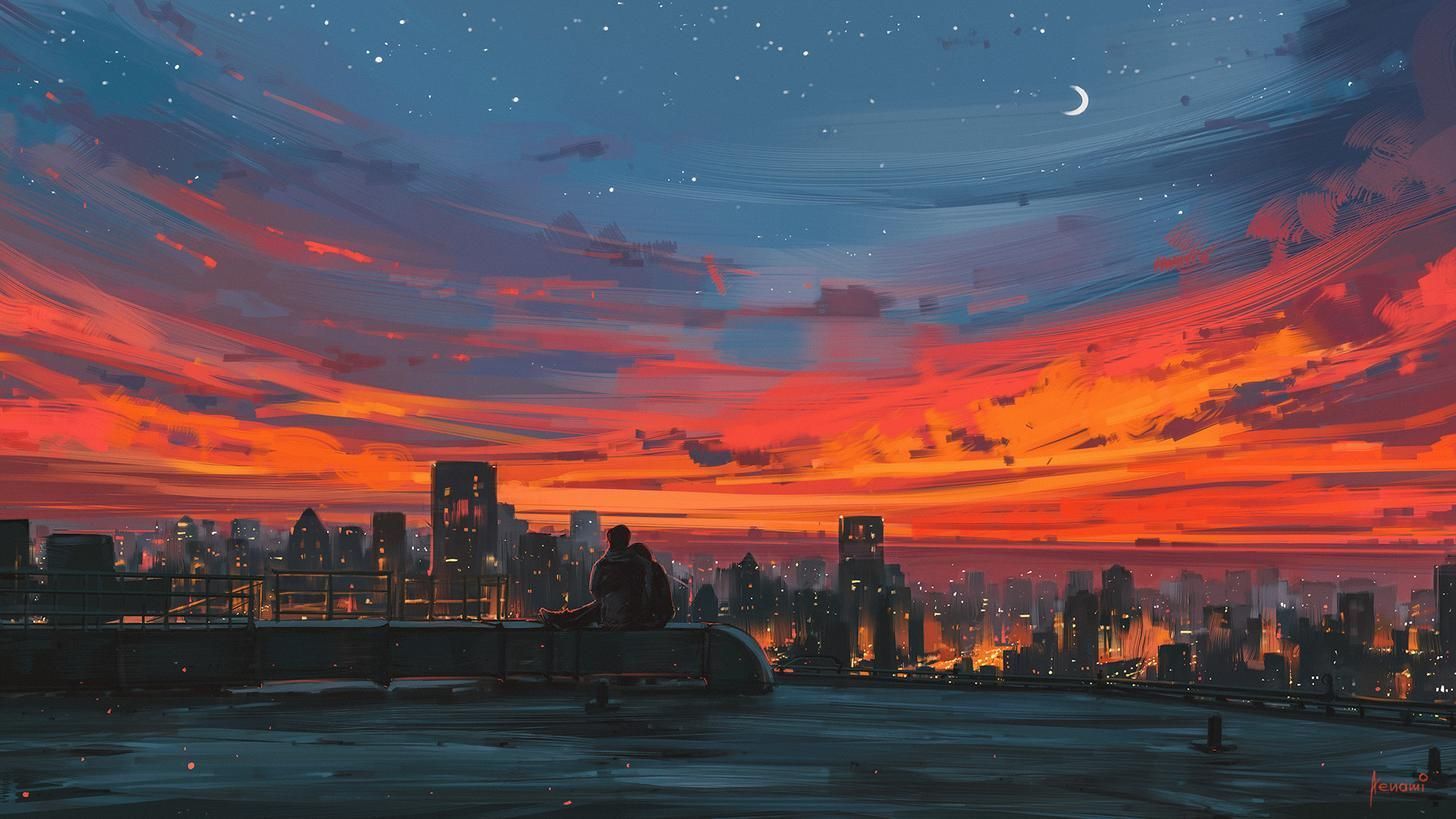 Sonnenuntergang, Skyline, Gemälde, Roter Himmel, Mondsichel, HD, Laptop-Hintergrundbild