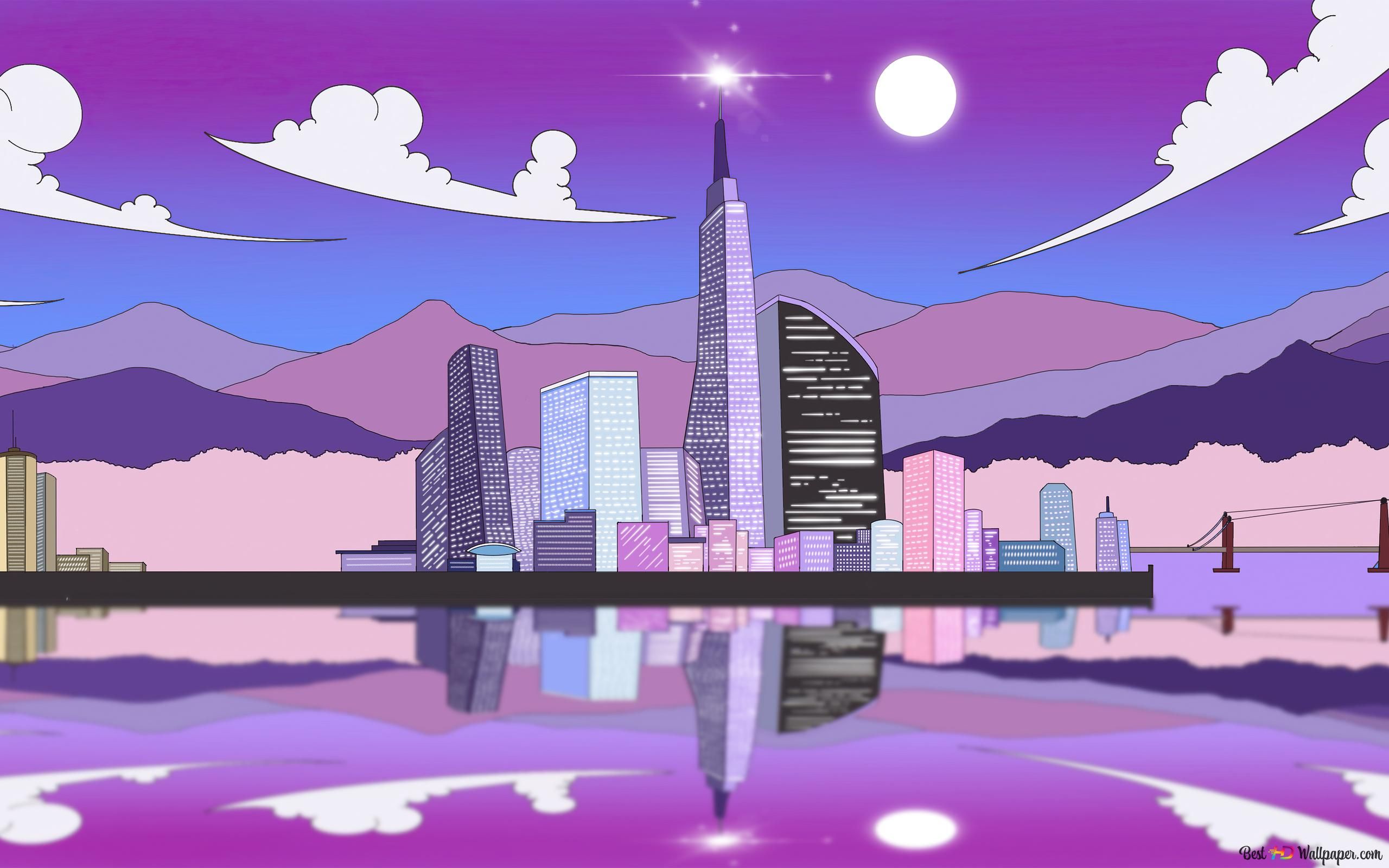 Skyline, Wolkenkratzer, Illustration, Lila, Spiegelung, Vollmond, 2K, Desktop-Hintergrund