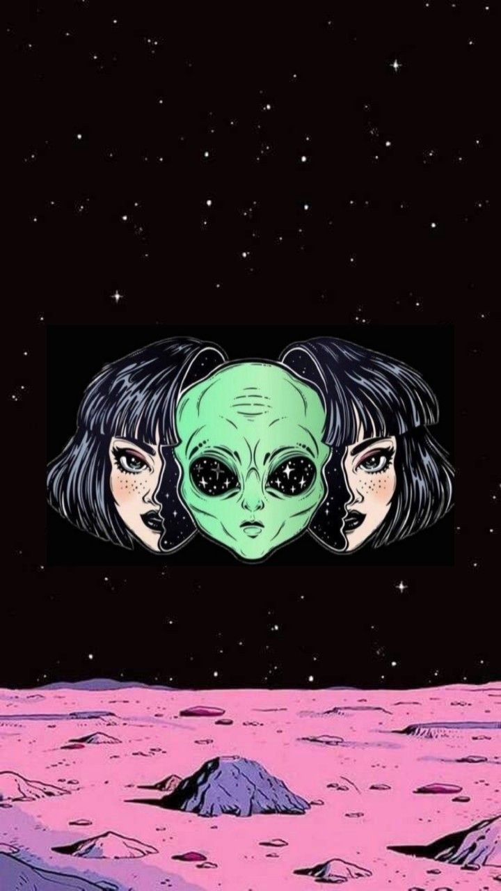 Alien, Zwei Gesichter, Mond, Weltall, Illustration, Hintergrundbild für iPhone und Android