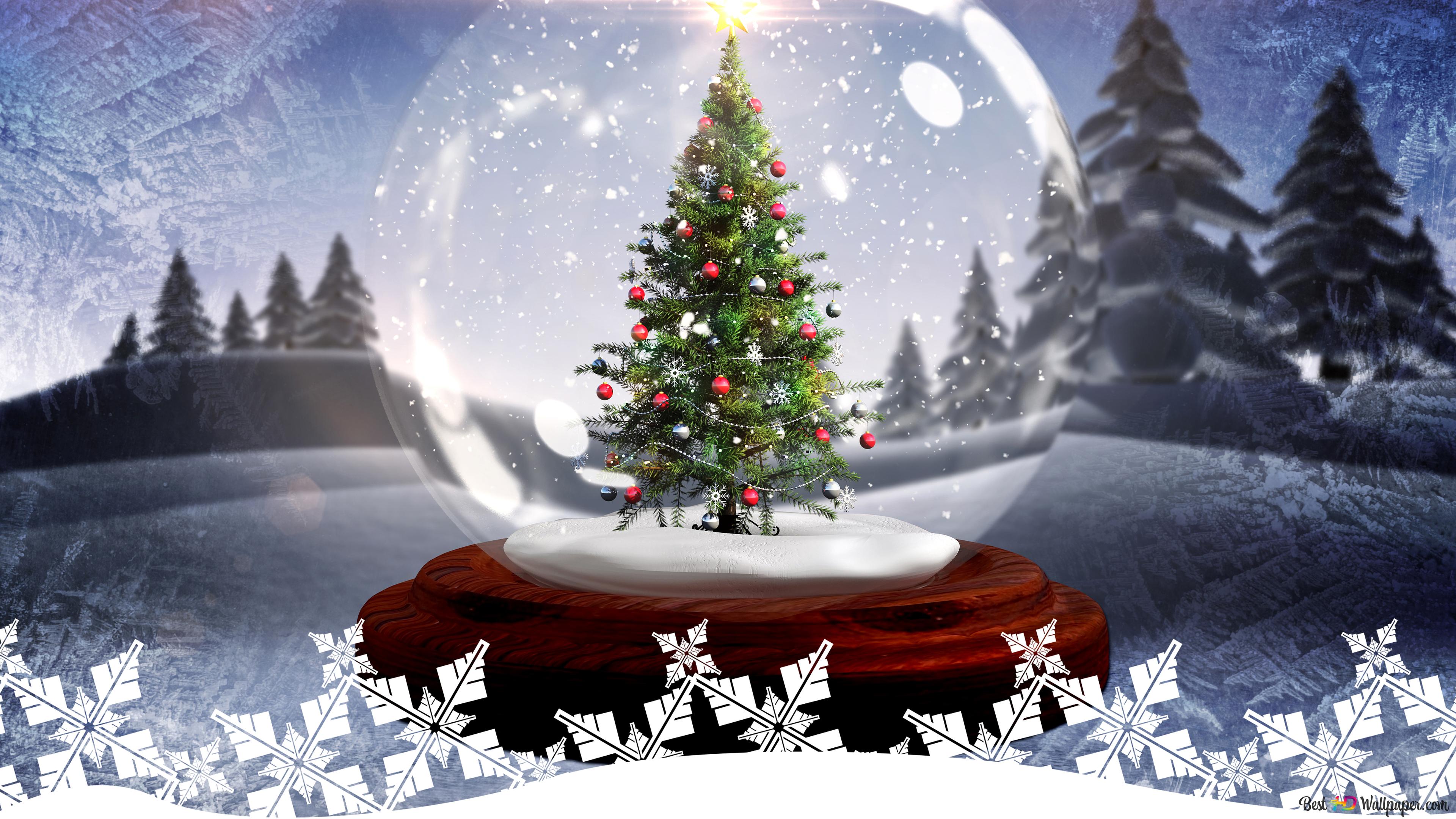 Schneekugel, Weihnachtsbaum, Schneeflocken, Tannen, 3D, 3840x2160, 4K-Hintergrundbild für PC