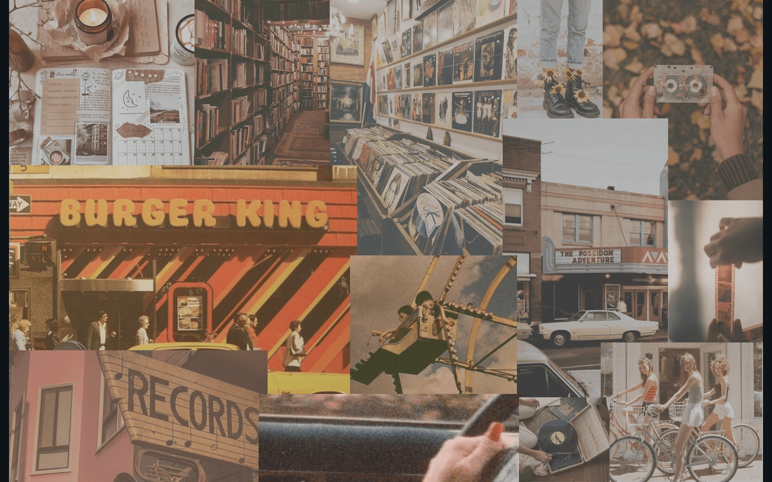 Collage, Burger King, Plattenladen, Vintage, Braun, 2K, Hintergrundbild für den PC