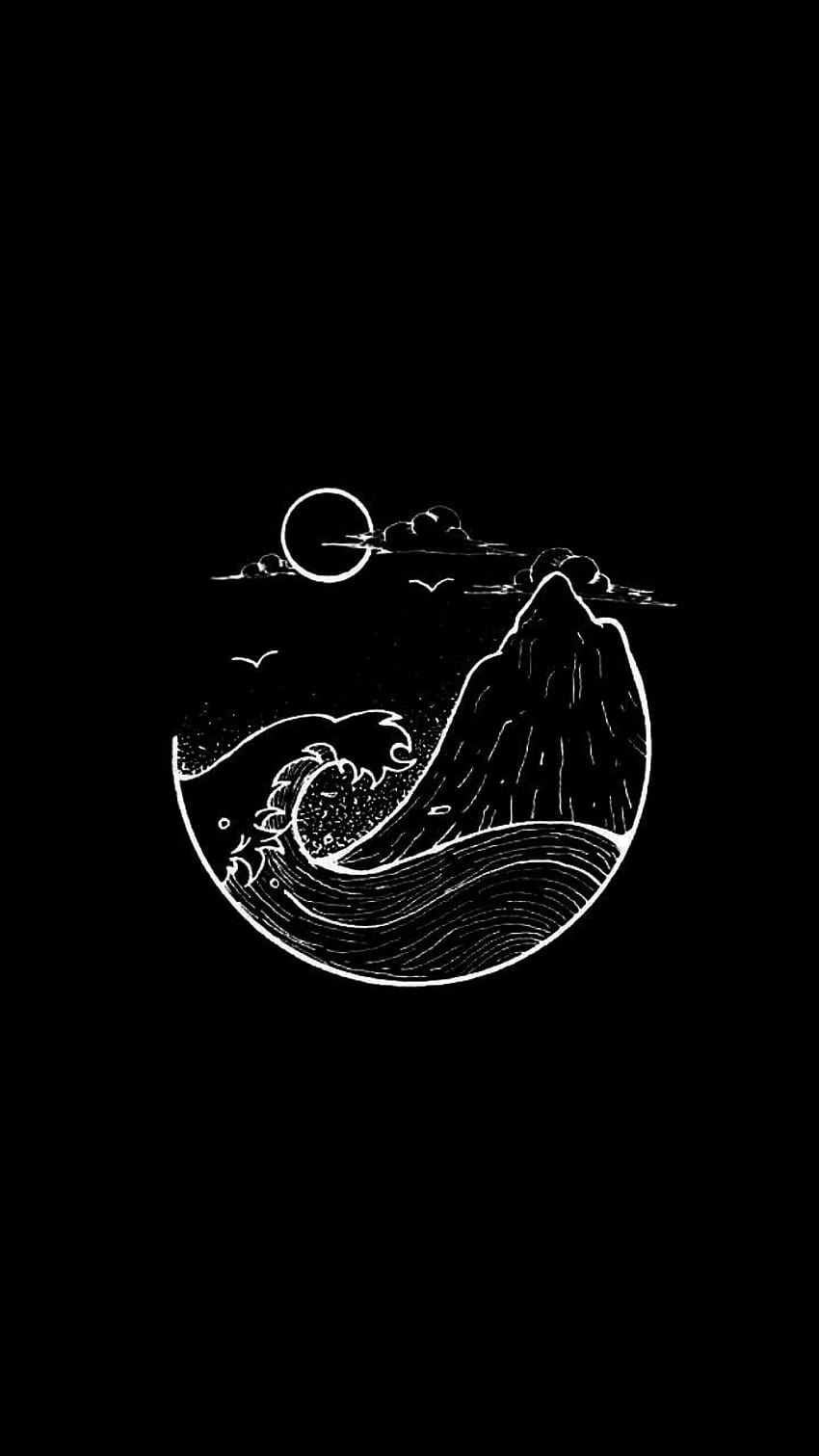 Welle, Mond, Liniengrafik, Schwarzer Hintergrund, Minimalistisch, Sperrbildschirm fürs iPhone