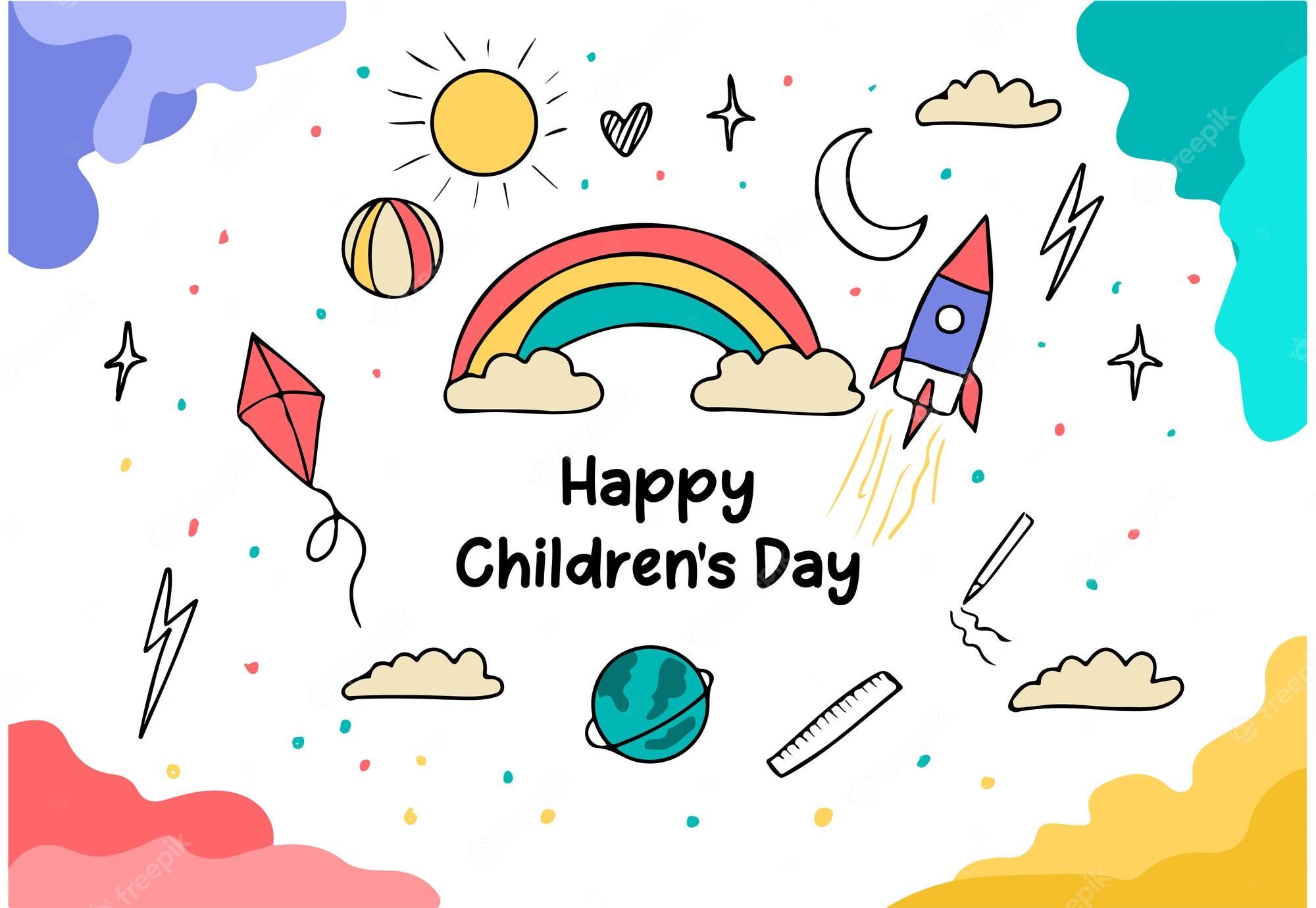 Kindertag, Regenbogen, Rakete, Drachen, Gekritzel, Bunt, Full HD, Laptop-Hintergrundbild