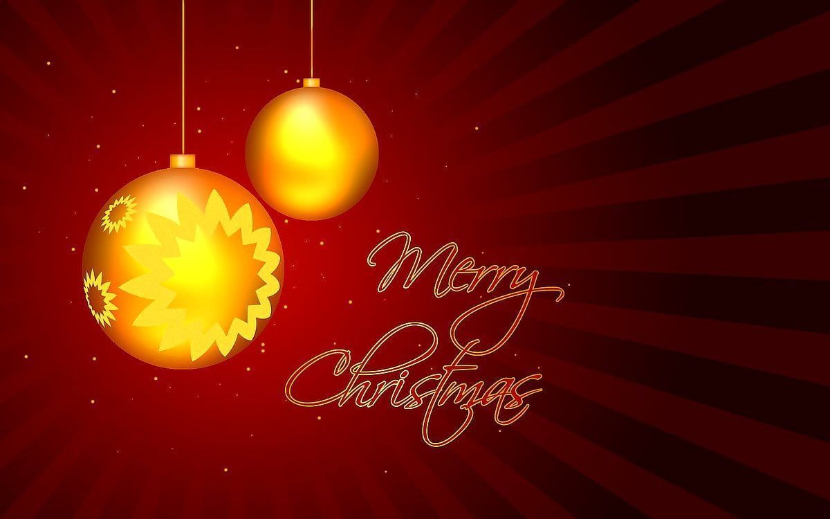 Merry Christmas, Christbaumkugeln, Goldene Kugeln, Roter Hintergrund, Strahlen, Wallpaper