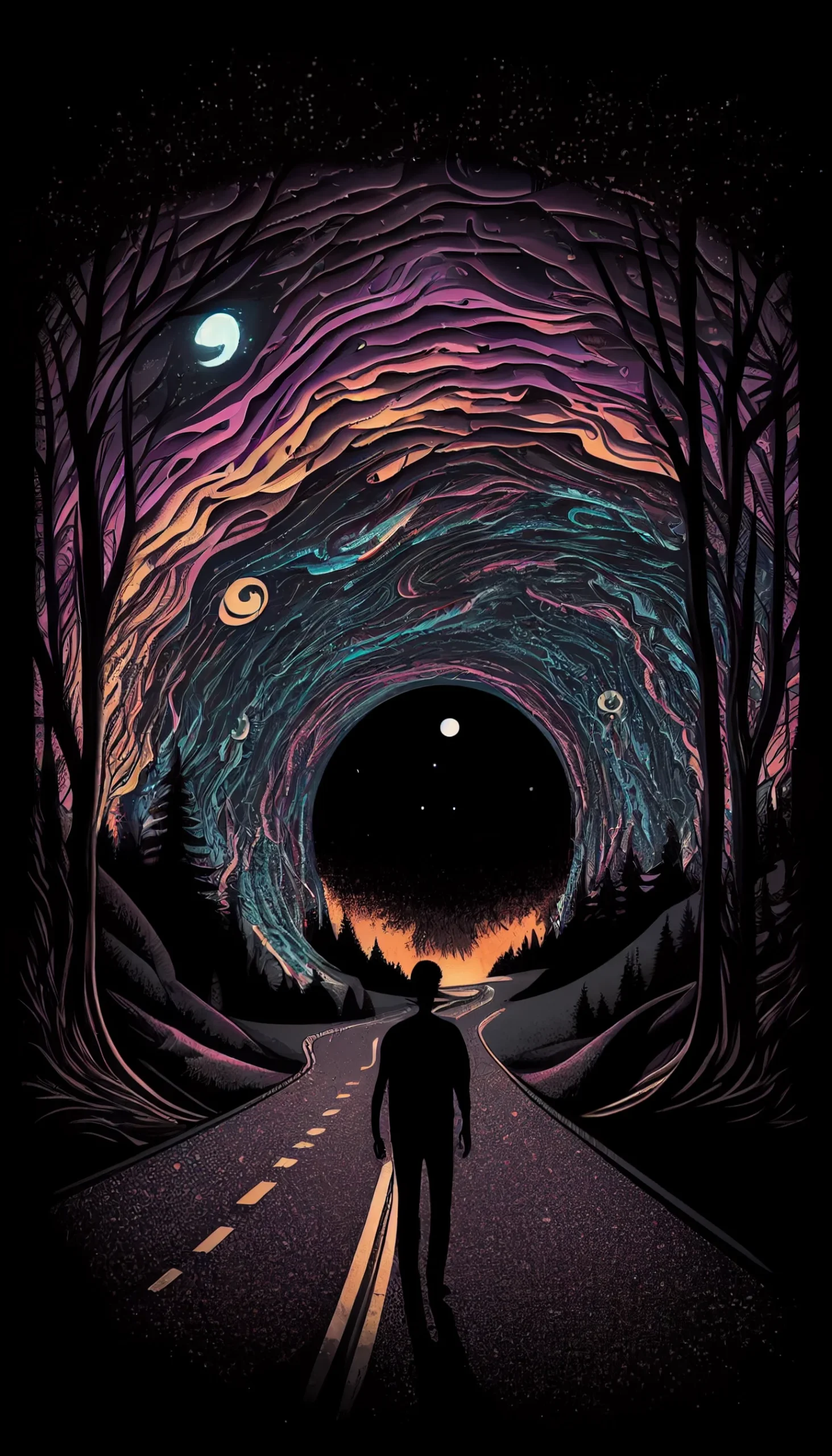 Tunnel, Spirale, Silhouette, Wald, Dunkel, QHD+, Sperrbildschirm fürs iPhone