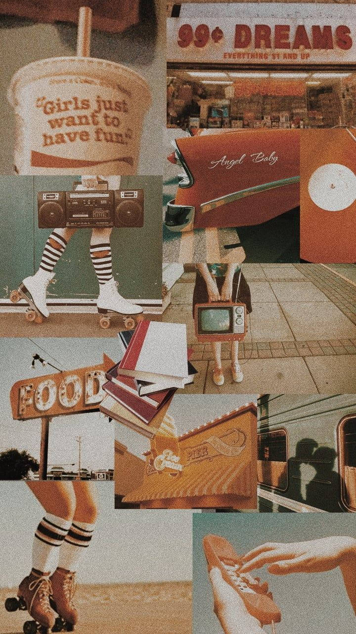 Collage, 90er Jahre, Rollschuhe, Ästhetik, Beige, HD, Sperrbildschirm fürs iPhone
