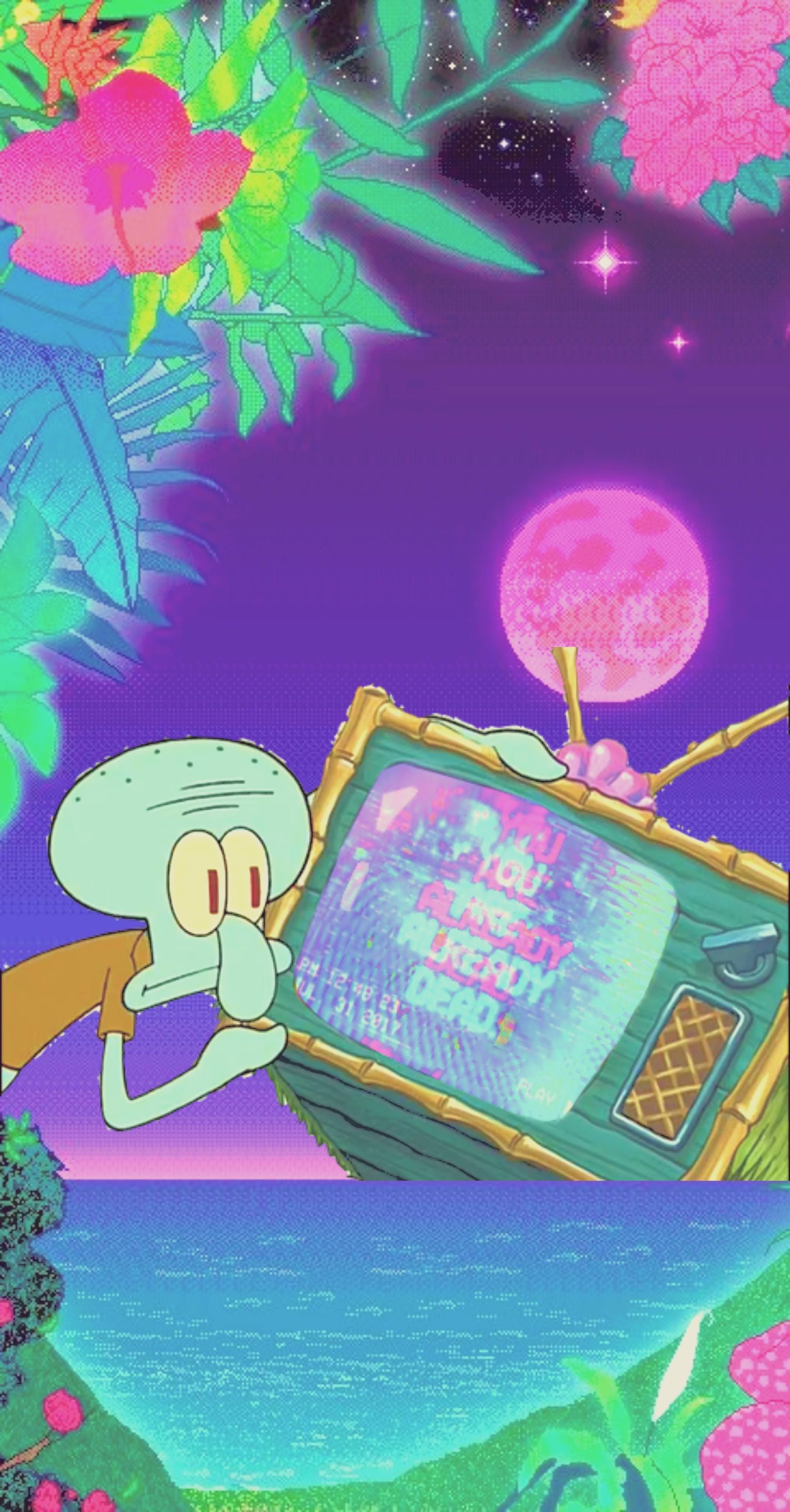Thaddäus Tentakel, SpongeBob Schwammkopf, Vaporwave, Fernseher, Neon, QHD+, Handy-Hintergrundbild