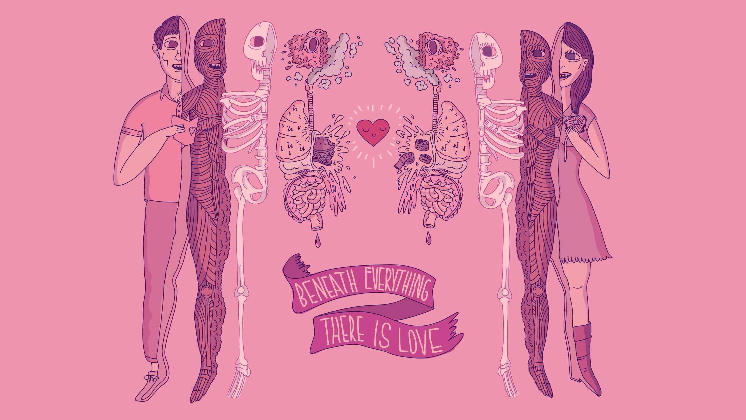 Beneath Everything There Is Love, Anatomie, Skelett, Paar, Rosa, Illustration, 2K Wallpaper