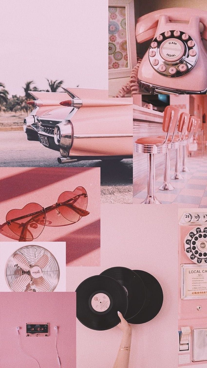 Collage, Rosa, Telefon, Schallplatte, Oldtimer, HD, Hintergrundbild fürs Handy