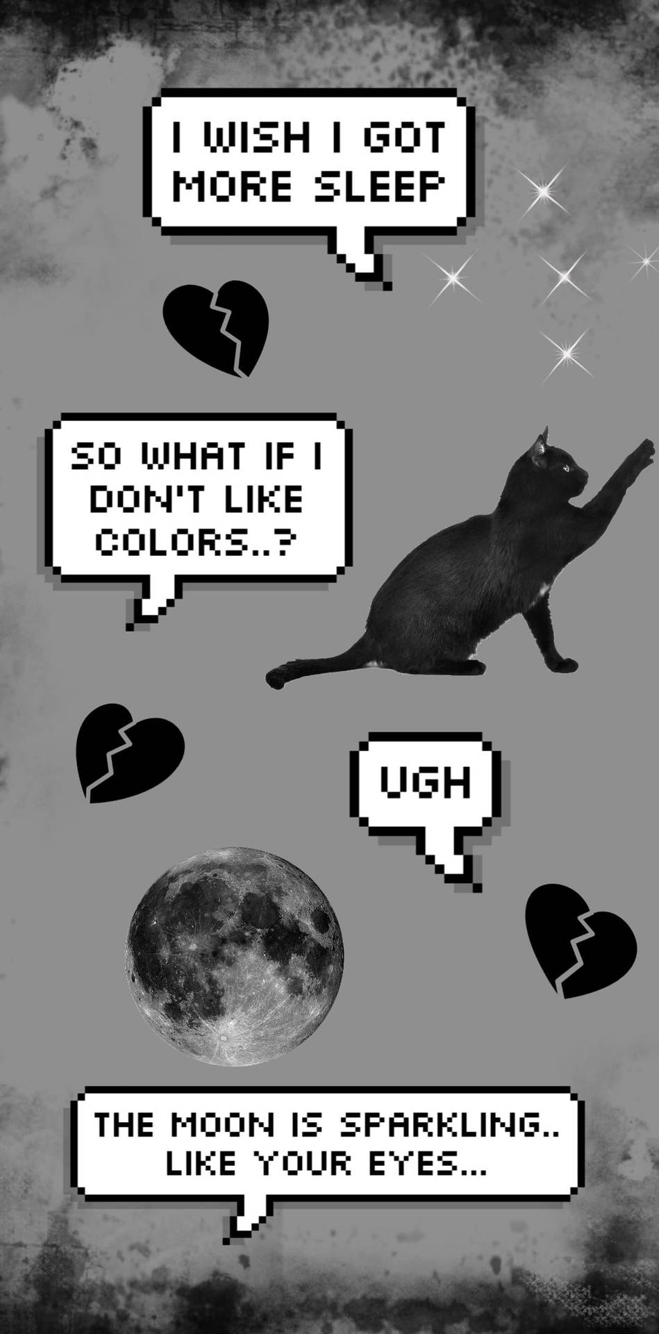 Sprechblasen, Schwarze Katze, Mond, Zitate, Grau, Grunge, HD, iPhone-Hintergrundbild