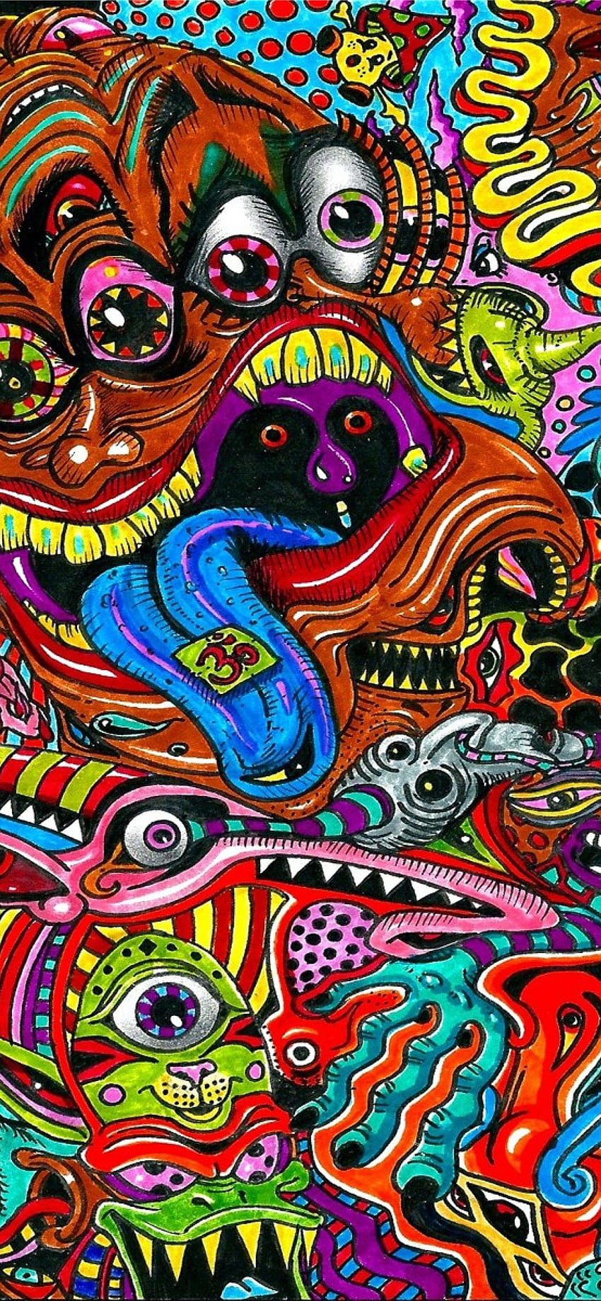 Monster-Doodles, Augen, Zunge, Bunt, Hochformat, HD, Hintergrundbild fürs Handy