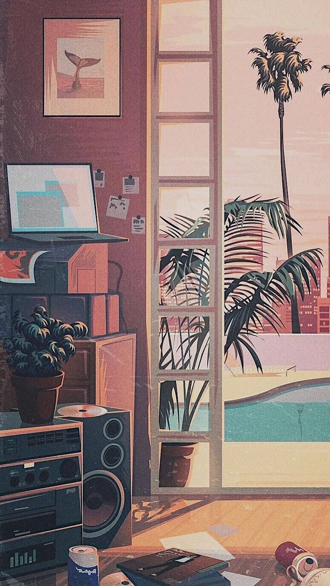 Illustration, Zimmer, Palme, Stereoanlage, Pastell, Full HD, Handy-Hintergrund im Hochformat