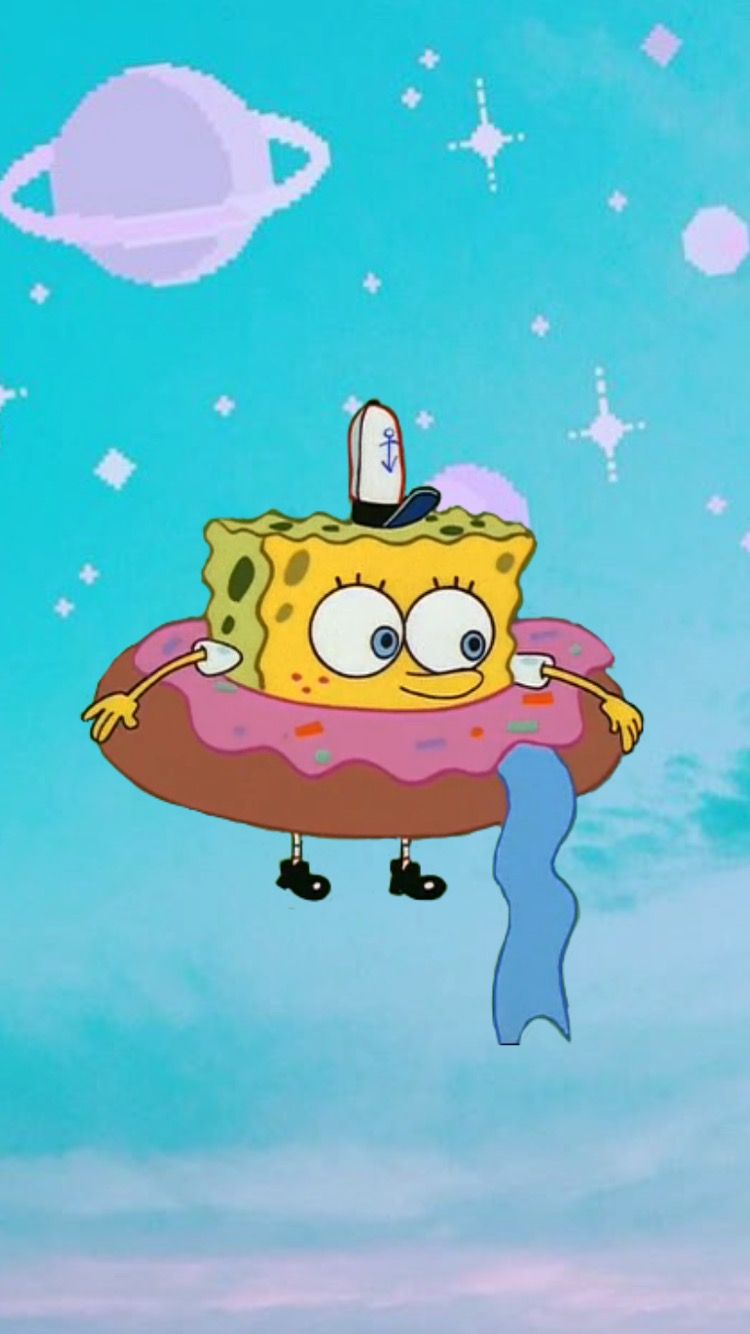 SpongeBob Schwammkopf, Schwimmring, Planet, Himmel, Pastellblau, Hintergrundbild fürs Handy
