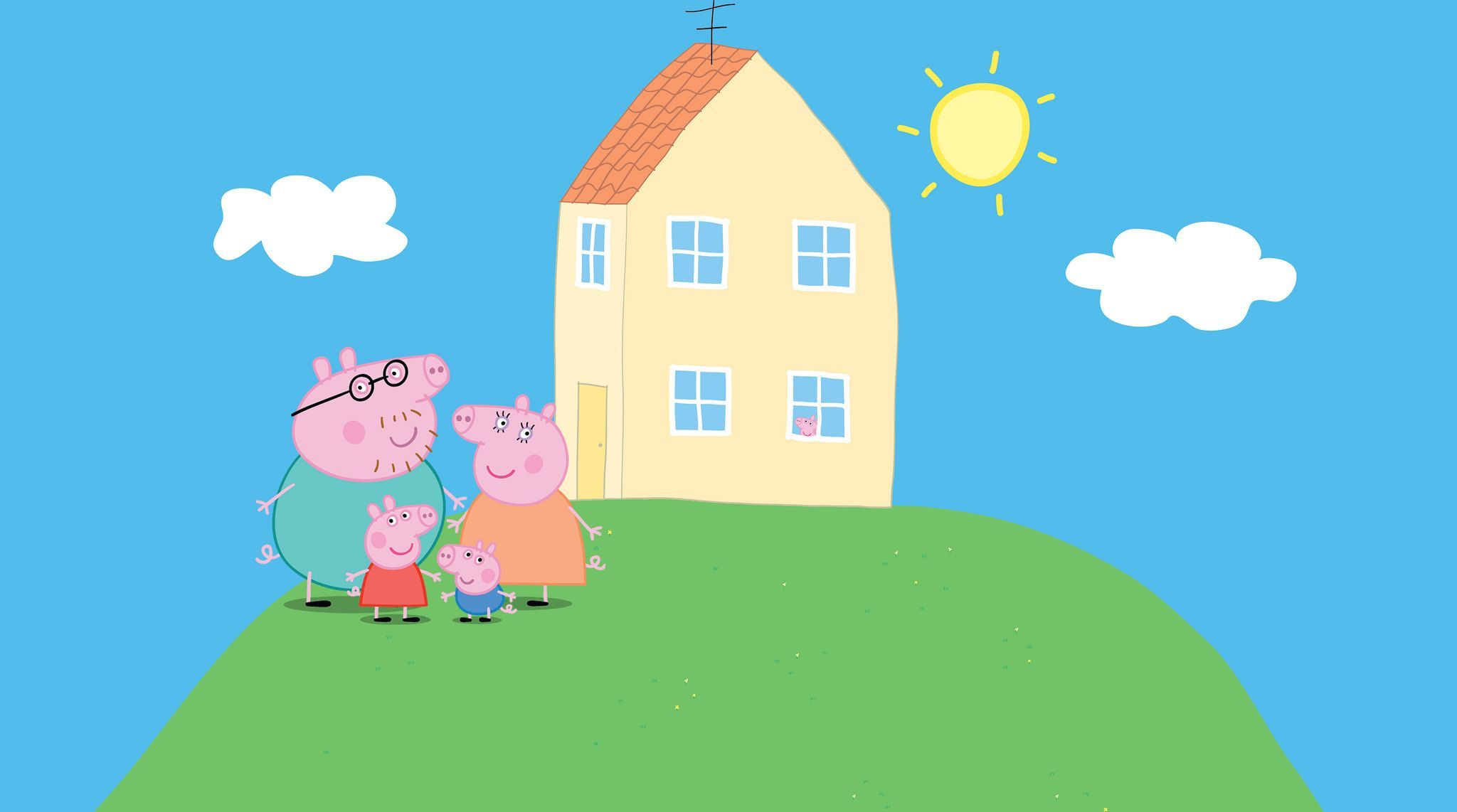 Peppa Wutz, Schorsch, Familie Wutz, Haus, Hügel, Blauer Himmel, Full HD, Breitbild-Hintergrundbild