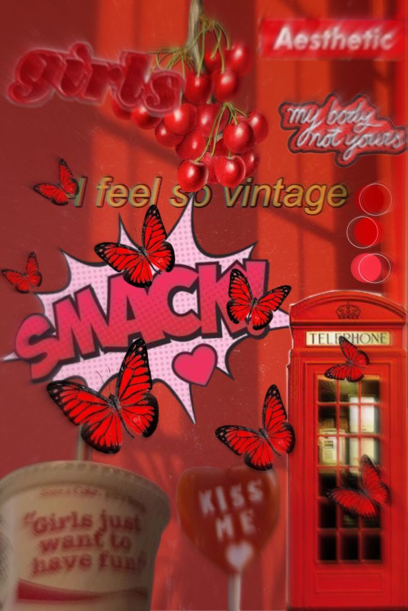 Collage, Rot, Pop-Art, Schmetterlinge, Telefonzelle, HD, iPad-Hintergrundbild