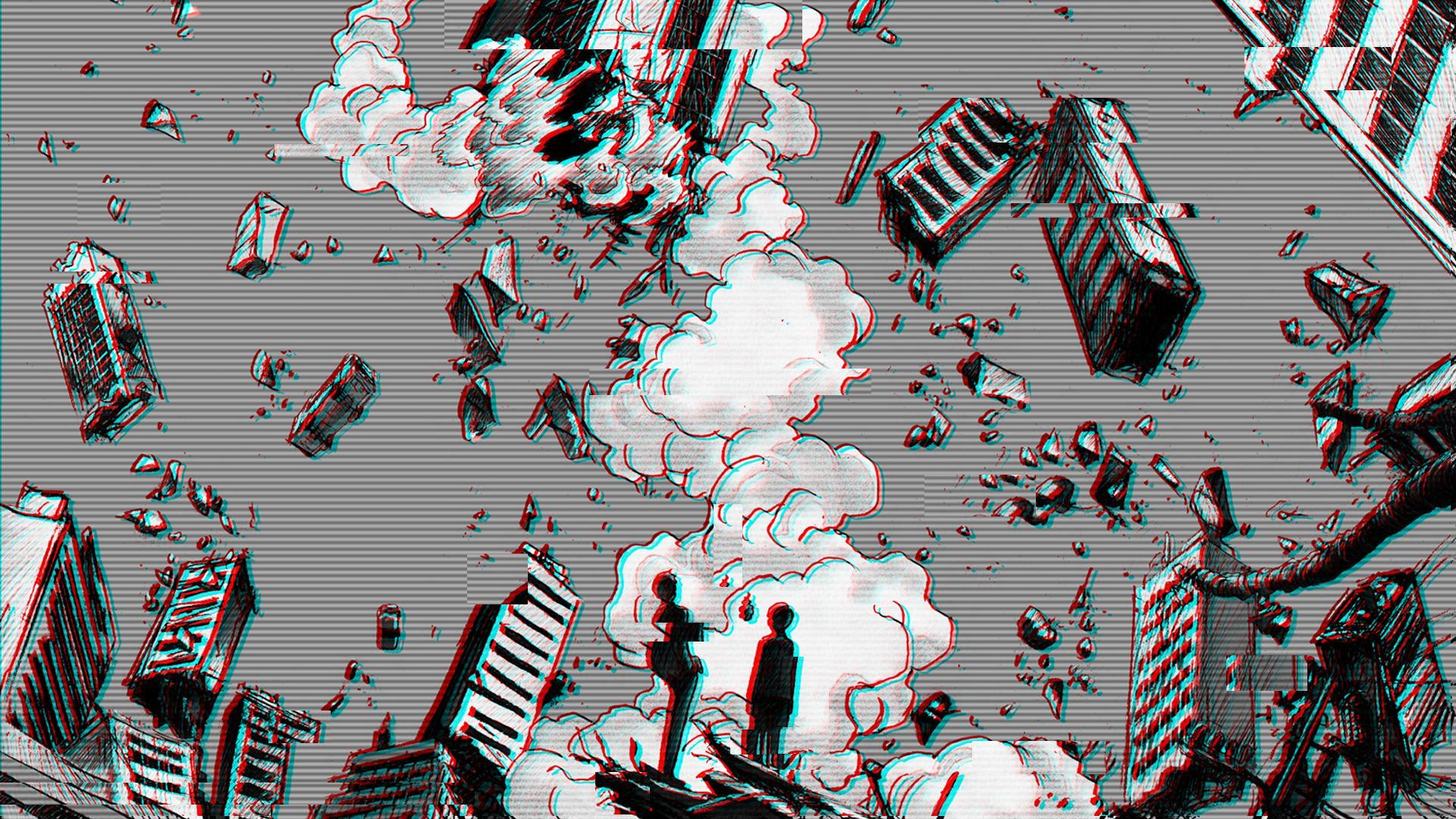 Manga-Stil, Zerstörte Stadt, Schwebende Gebäude, Glitch-Effekt, Schwarz-Weiß, 1080p Wallpaper