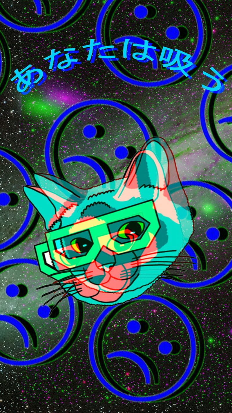 Katze, Sonnenbrille, Weltall, Japanische Schrift, Türkis, HD, Handy-Hintergrund