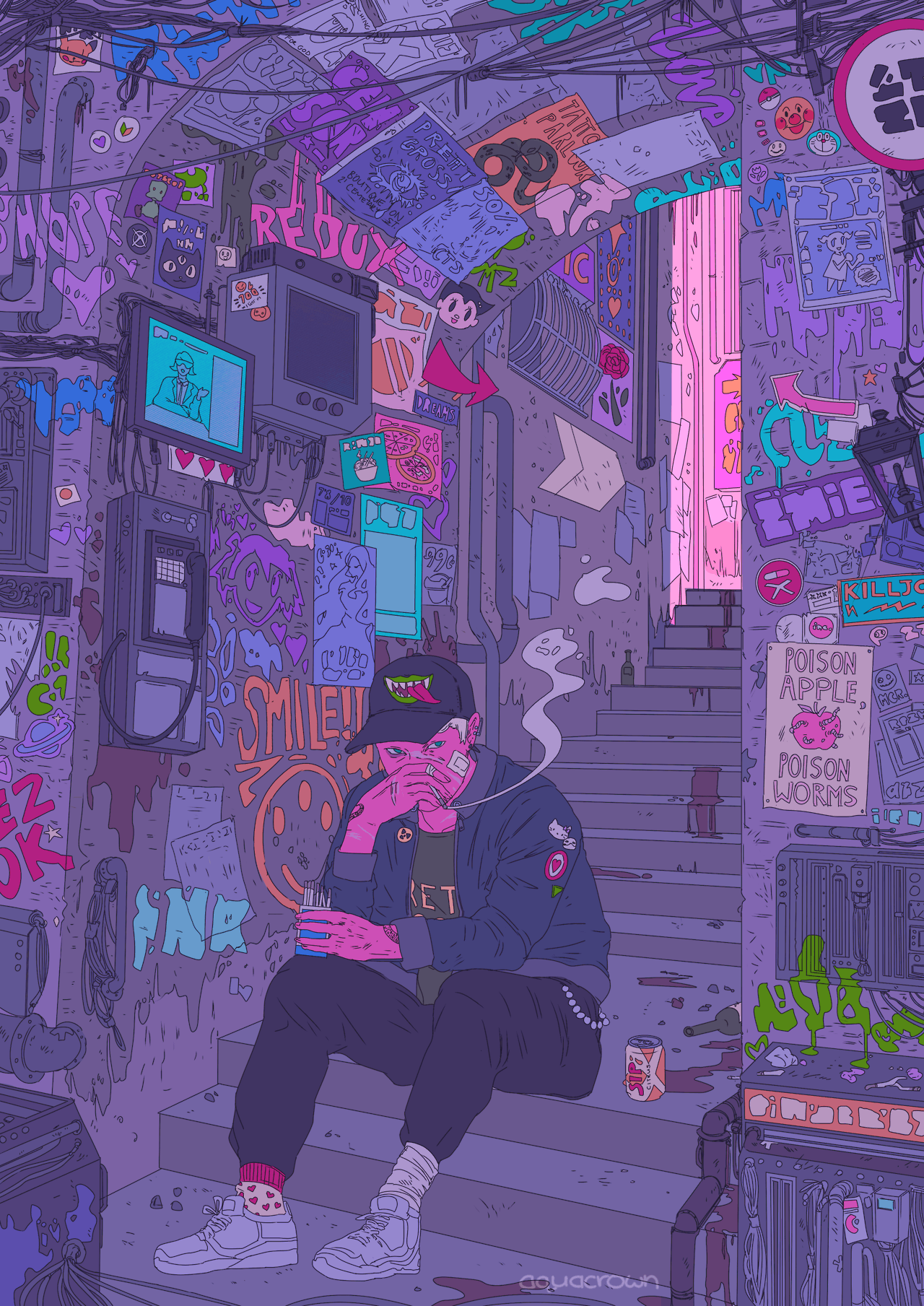 Lo-Fi, Stadtgasse, Lila, Pixel-Stil, Nacht, Full HD, Hintergrundbild fürs Tablet