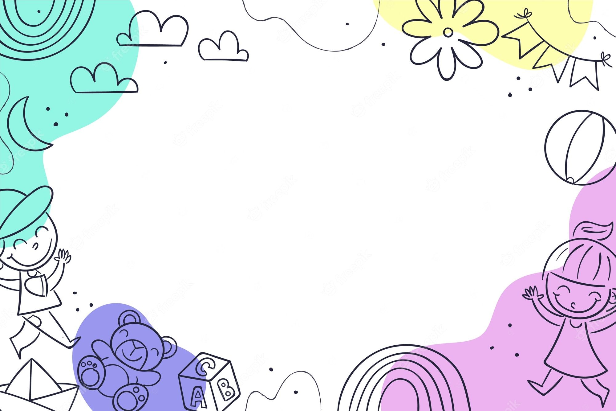 Malvorlage, Kinder, Teddybär, Ball, Gekritzel, Pastell, Full HD, Desktop-Hintergrund für Windows