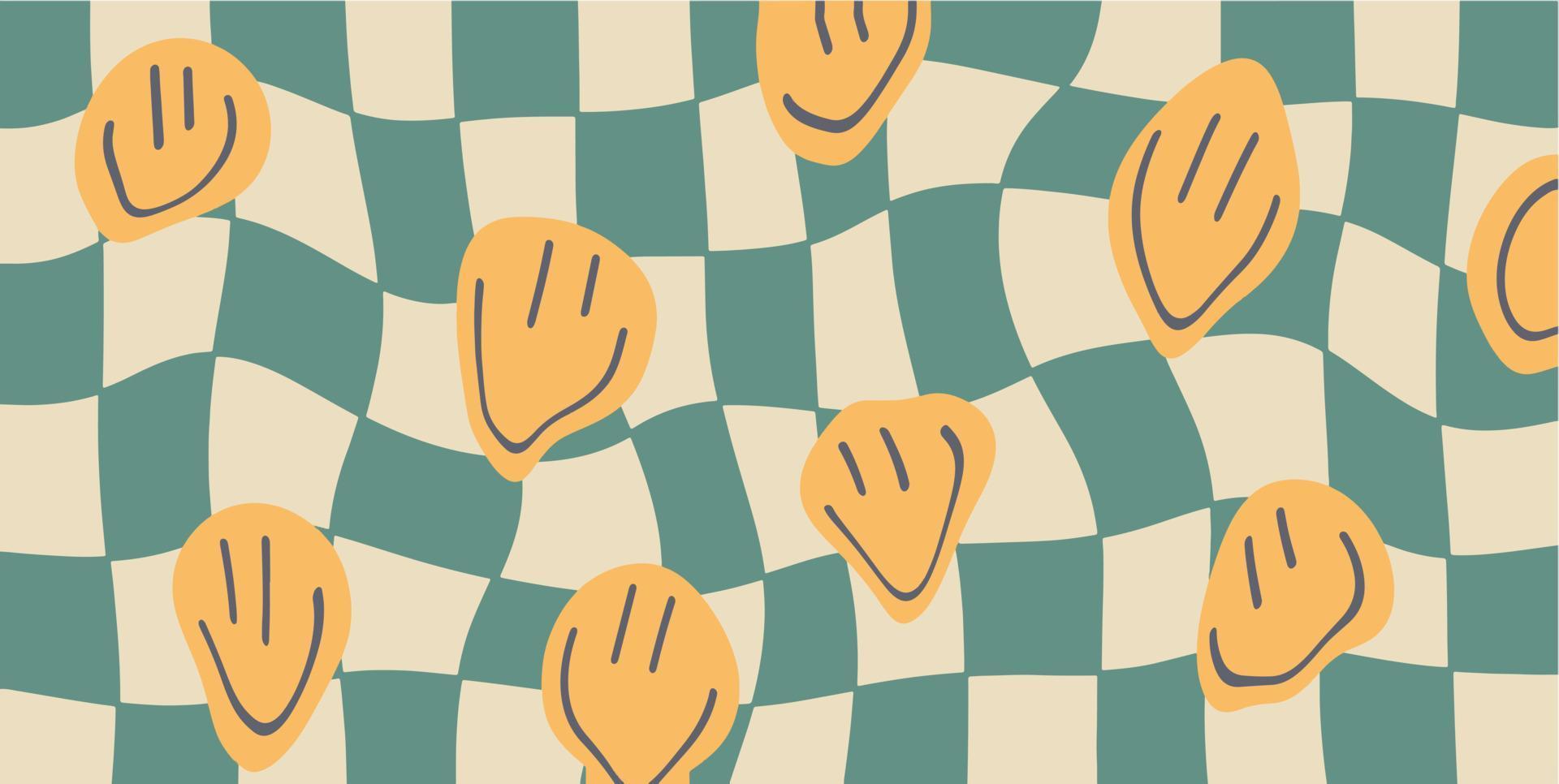 Zerlaufene Smileys, Karomuster, Grün-Beige, Retro, Full HD, Desktop-Hintergrund für Windows