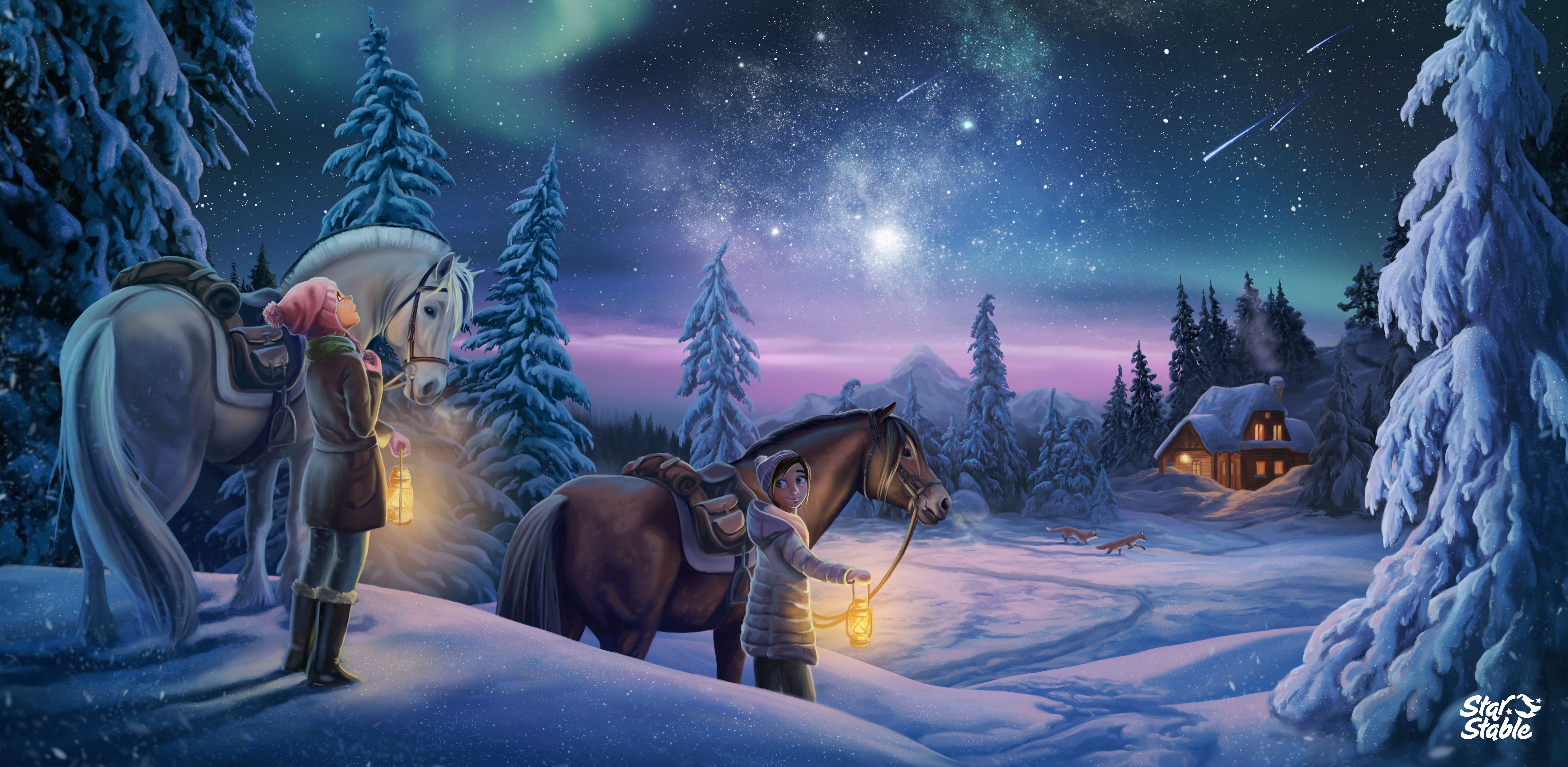 Pferde, Laterne, Polarlicht, Winternacht, Hütte, Illustration, 8K, Windows-Hintergrundbild