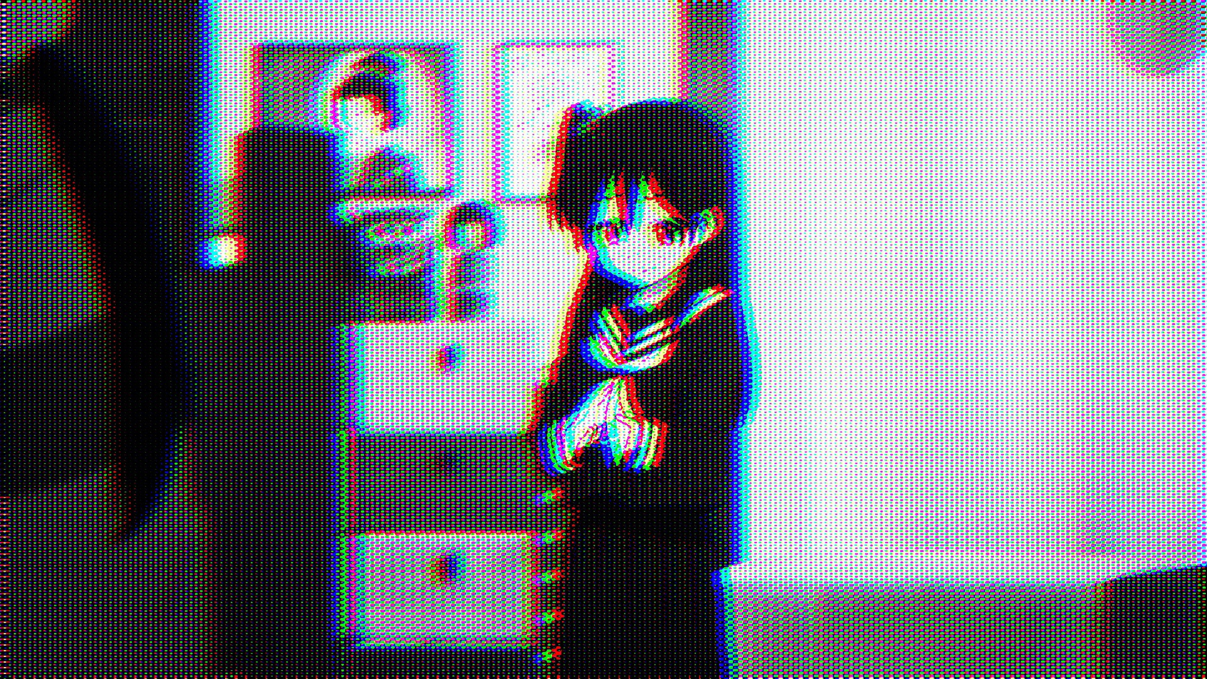 Anime-Mädchen, Schuluniform, Glitch-Effekt, Zimmer, Dunkel, 3840x2160, PC-Hintergrundbild