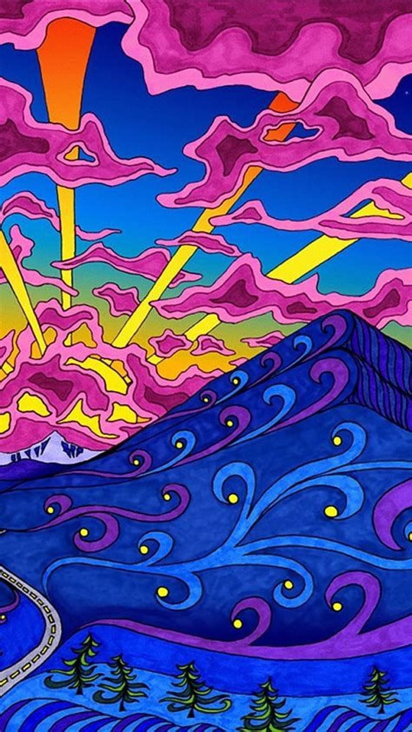 Berge, Wolken, Sonne, Bunte Illustration, Hochformat, HD, Sperrbildschirm fürs iPhone