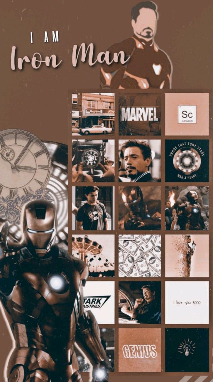 Iron Man, Tony Stark, Marvel, Collage, Braune Töne, Schriftzug, Hintergrundbild fürs Handy