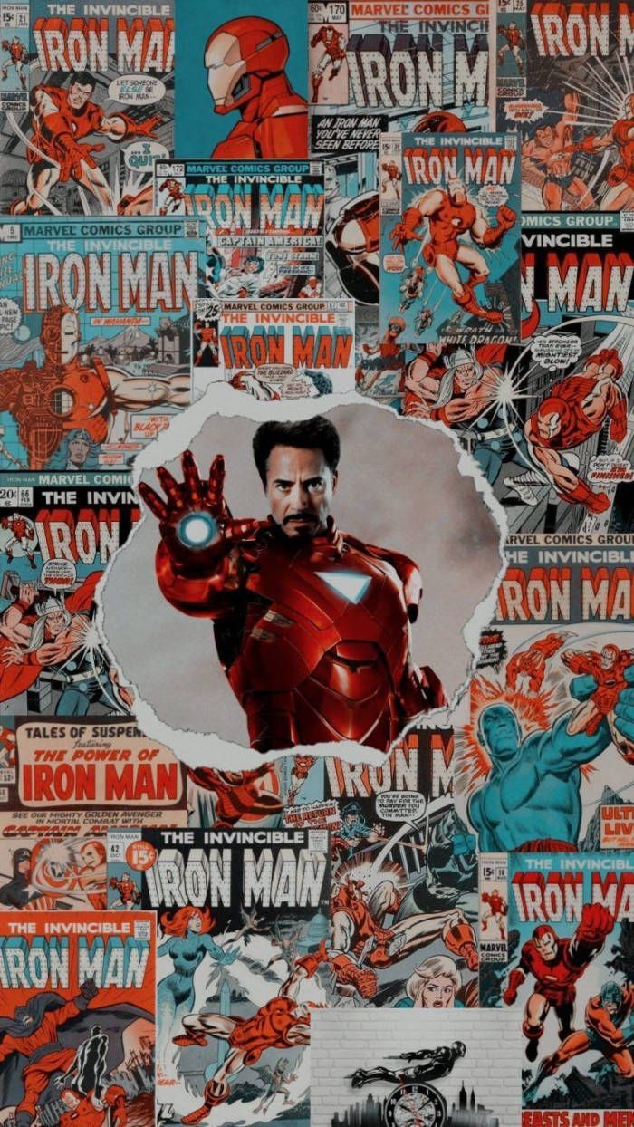 Iron Man, Marvel Comics, Comic-Collage, Retro, Rot-Türkis, Android-Hintergrundbild
