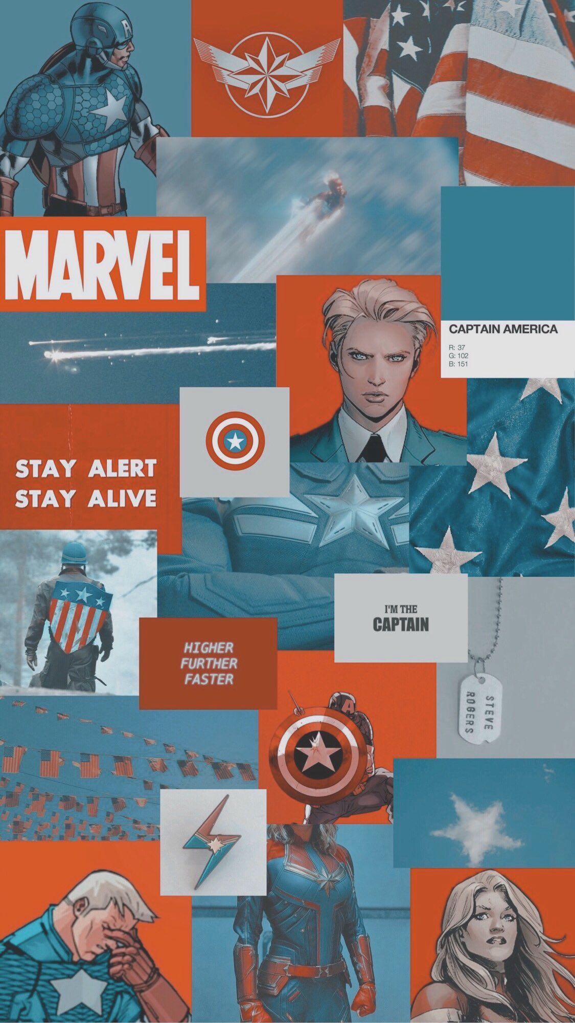 Captain Marvel, Captain America, Marvel, Collage, Rot-Blau, Hintergrundbild fürs Handy