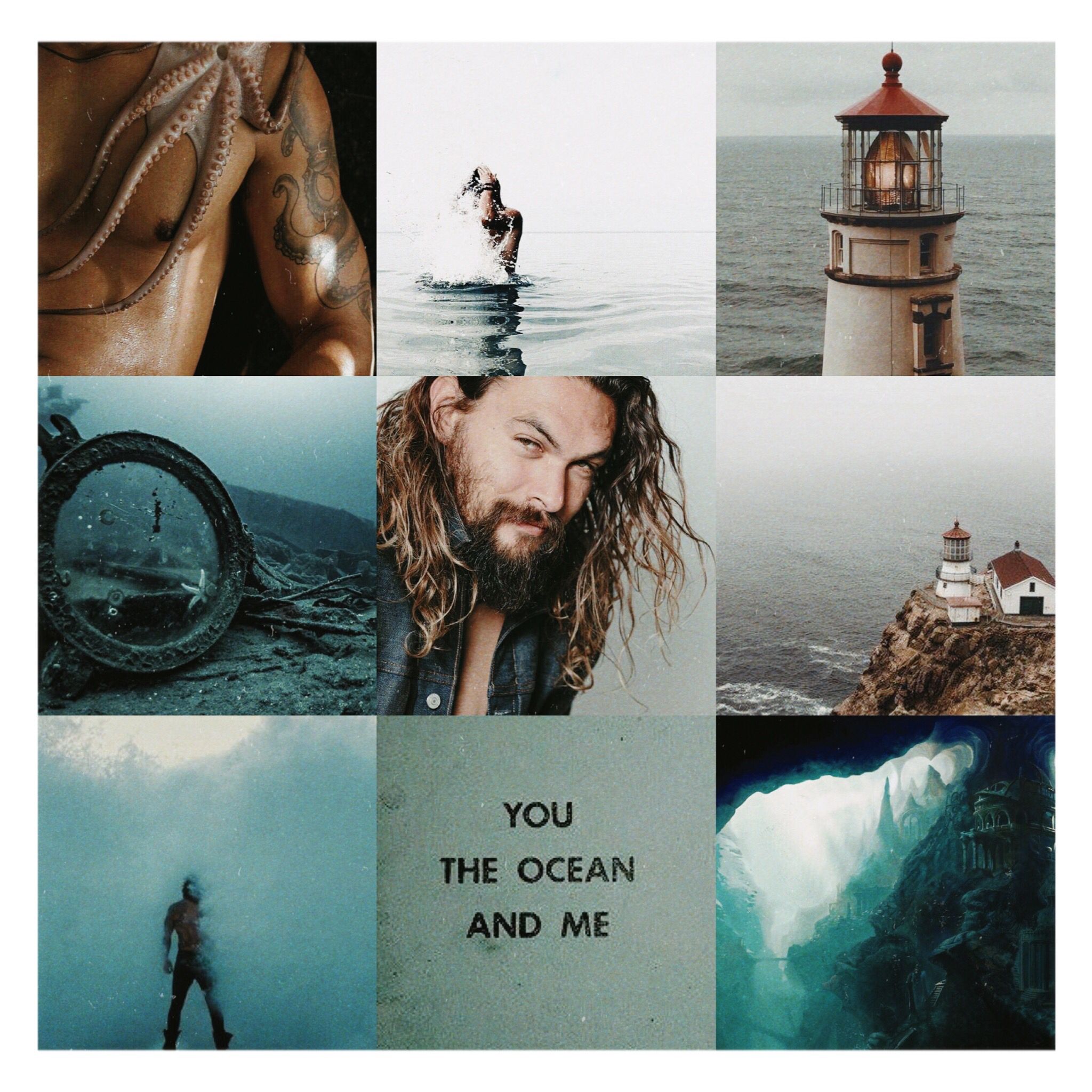 Aquaman, Jason Momoa, Ästhetische Collage, Leuchtturm, Meer, Hintergrundbild fürs iPad