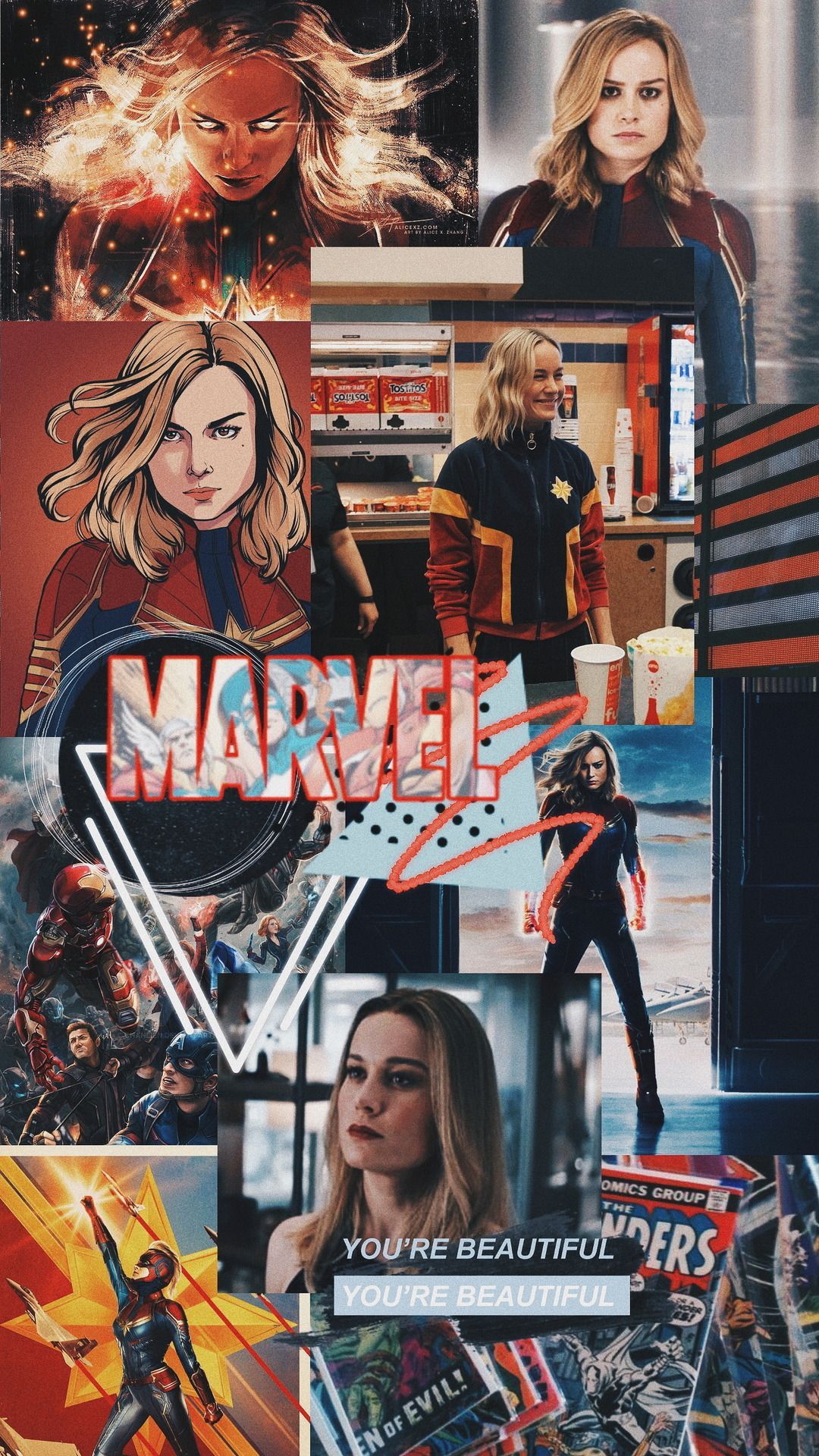Captain Marvel, Carol Danvers, Marvel, Collage, Comic-Stil, Full HD, Handy-Hintergrundbild