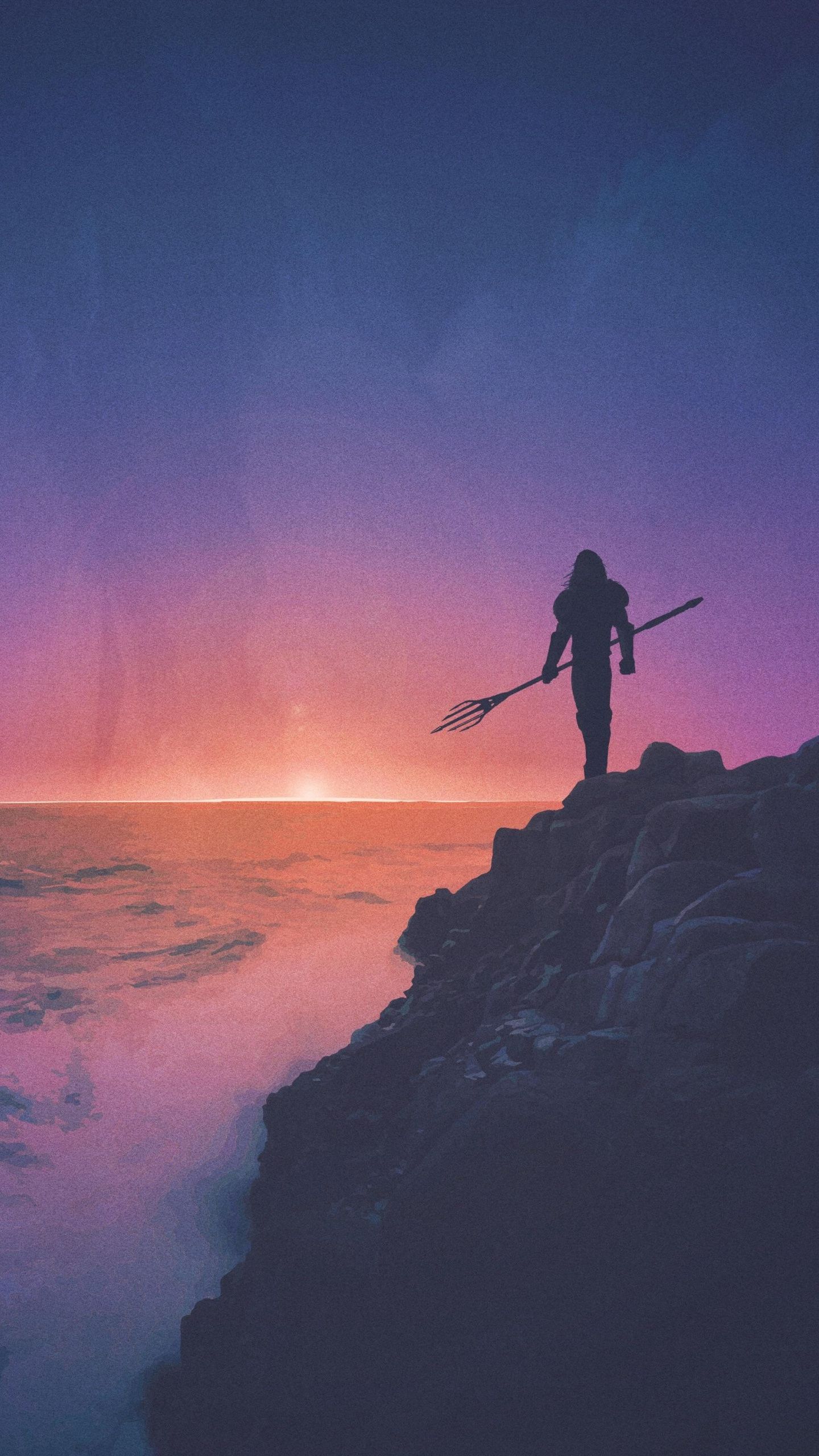 Aquaman, Silhouette, Klippe, Sonnenuntergang, Dreizack, QHD+, Hintergrundbild fürs Handy