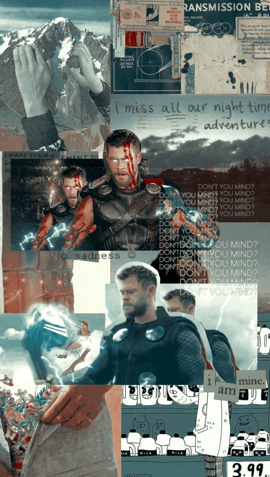 Thor, Chris Hemsworth, Collage, Ästhetik, Rot-Grau, Full HD, Hintergrundbild fürs Handy