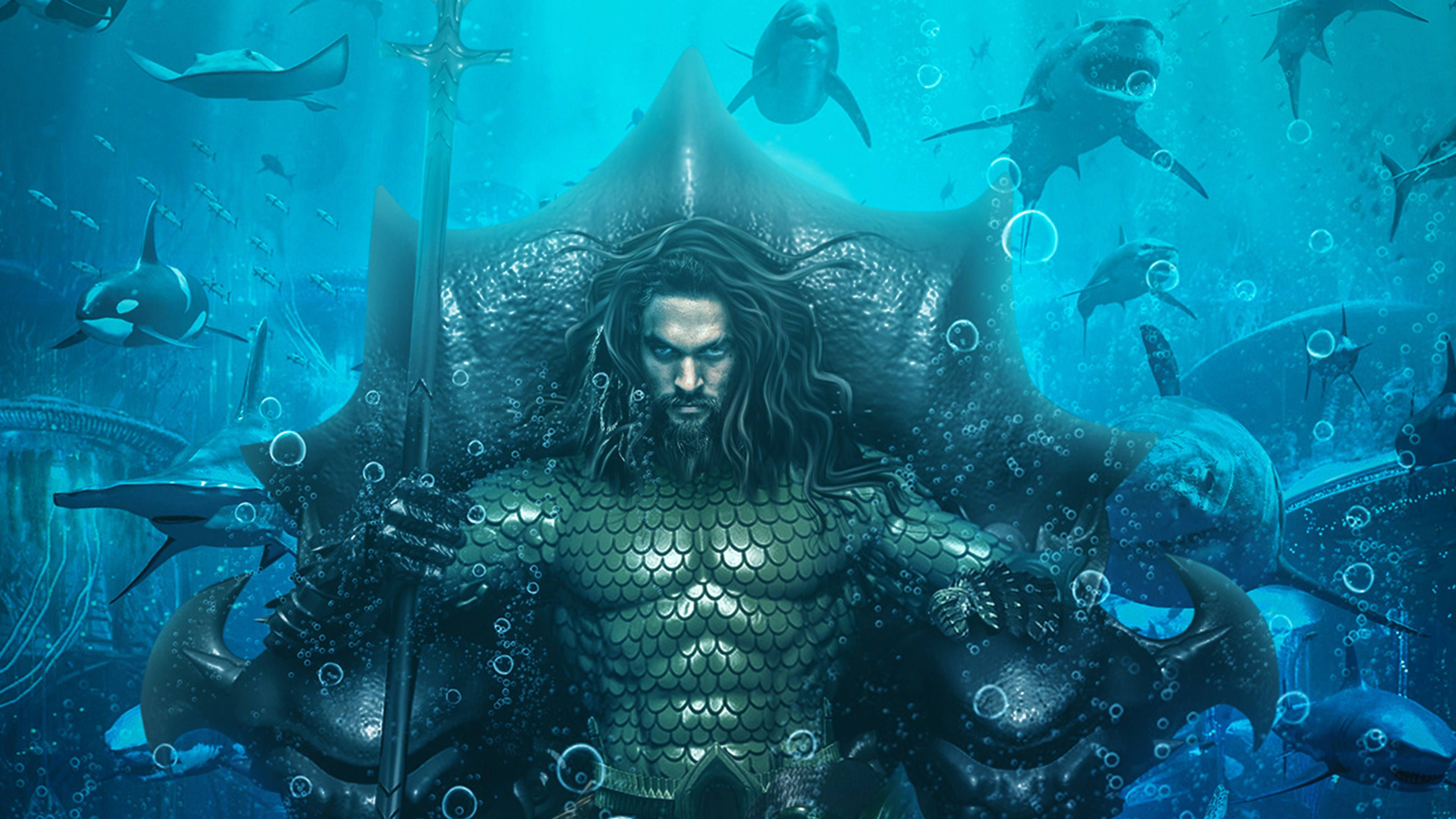 Aquaman, Jason Momoa, Atlantis, Thron, Haie, Unterwasser, 4K, Breitbild-Hintergrundbild