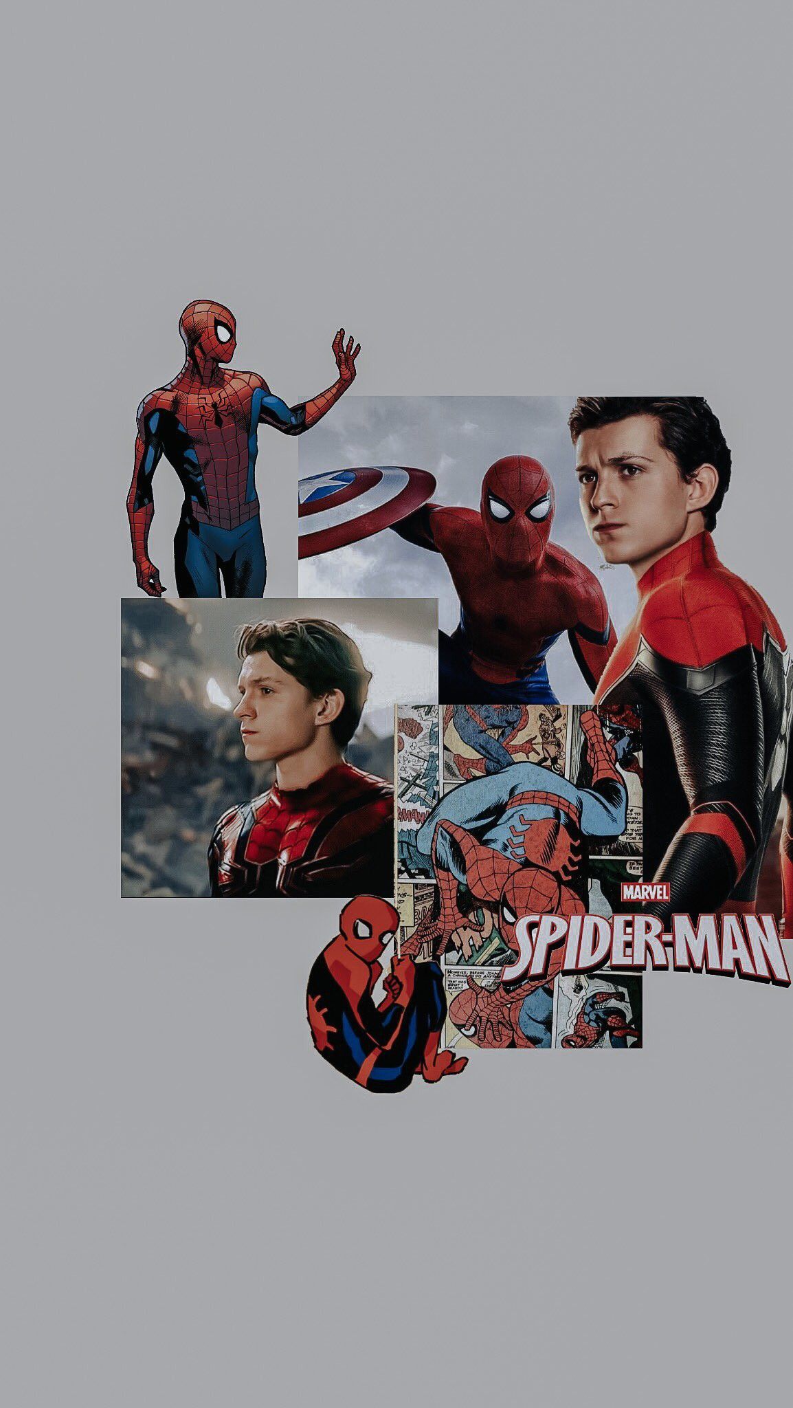 Tom Holland, Spider-Man, Collage, Peter Parker, Grauer Hintergrund, Sperrbildschirm fürs iPhone