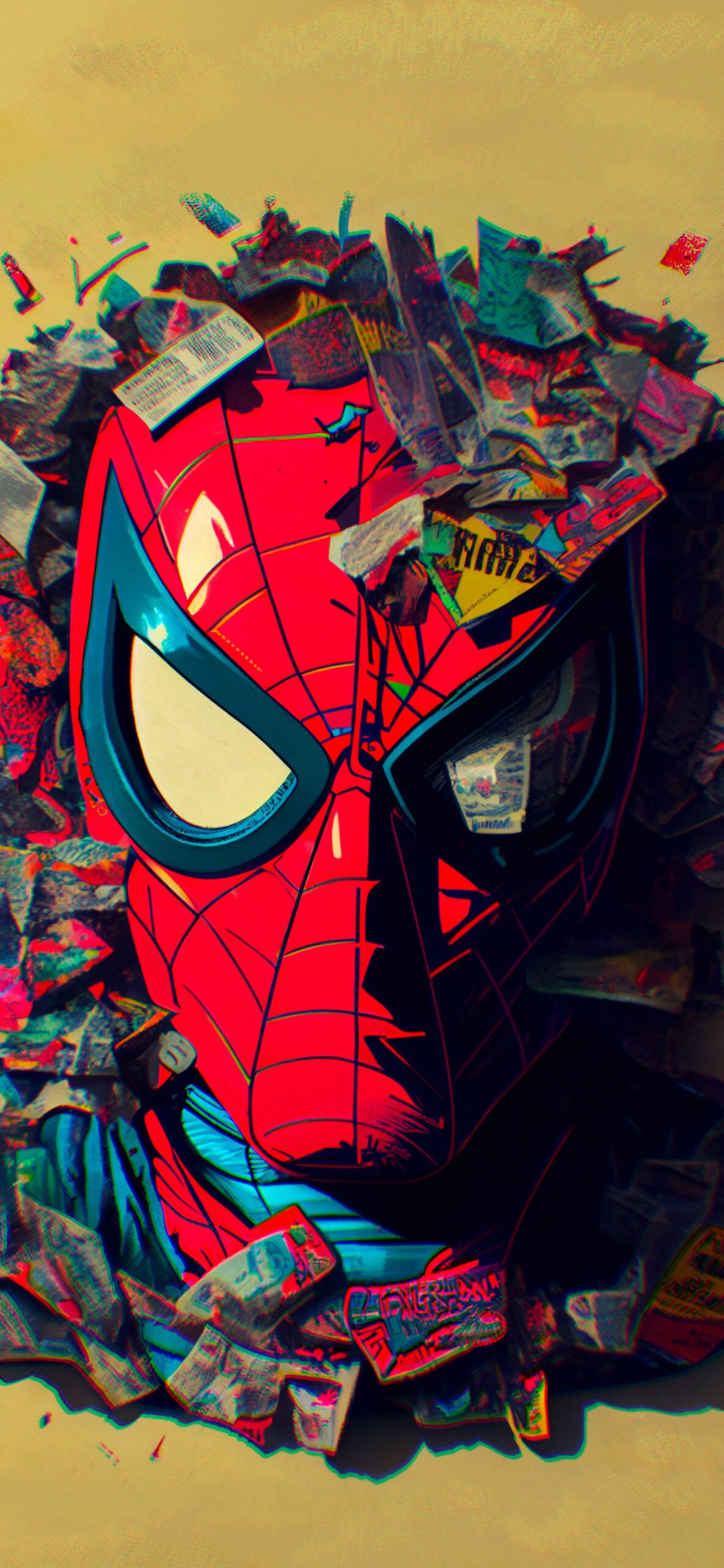 Spider-Man, Maske, Comic-Stil, Collage, Gelber Hintergrund, Sperrbildschirm fürs iPhone