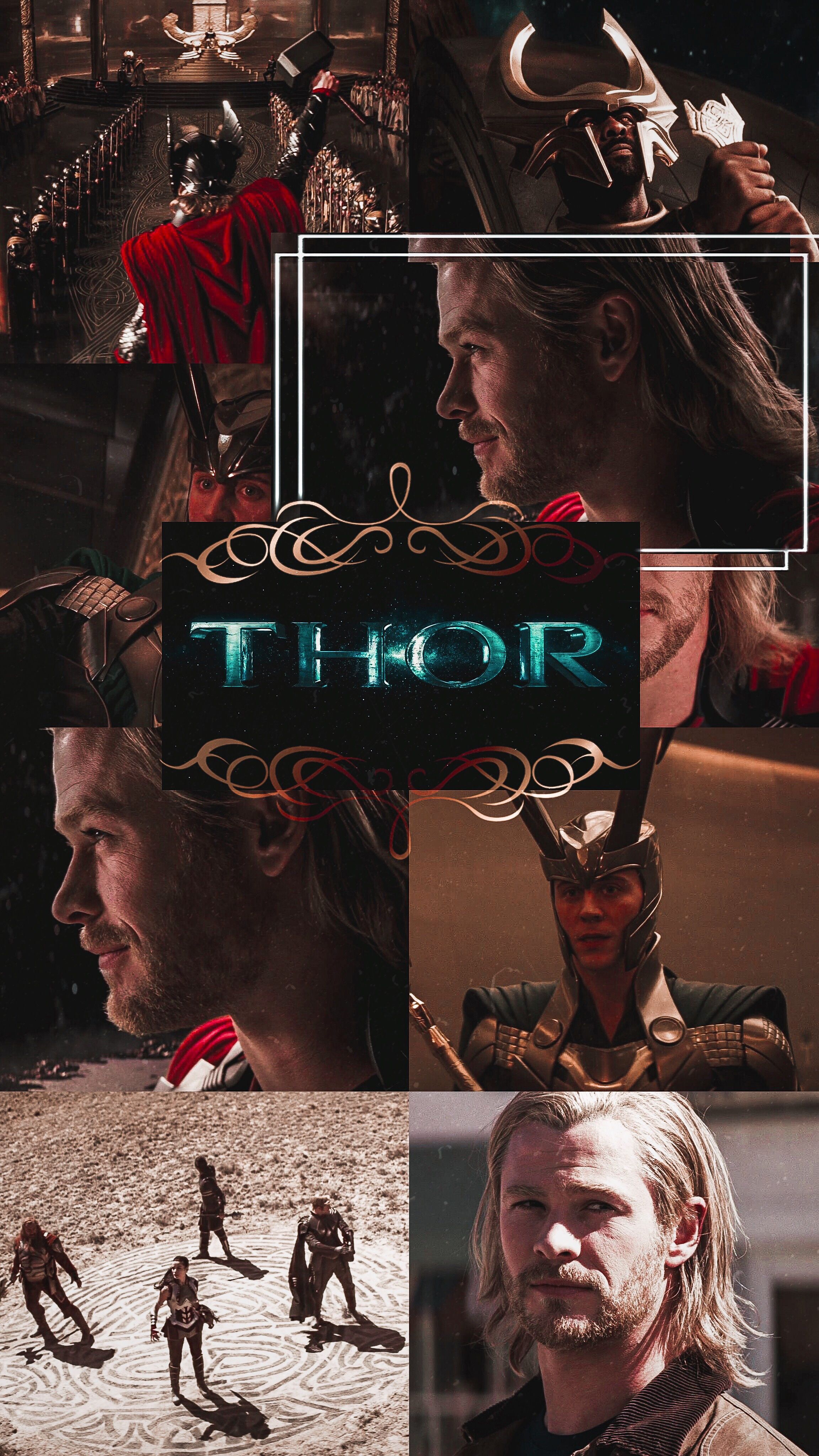 Thor, Loki, Collage, Marvel, Rot-Braun, QHD+, Hintergrundbild fürs Handy