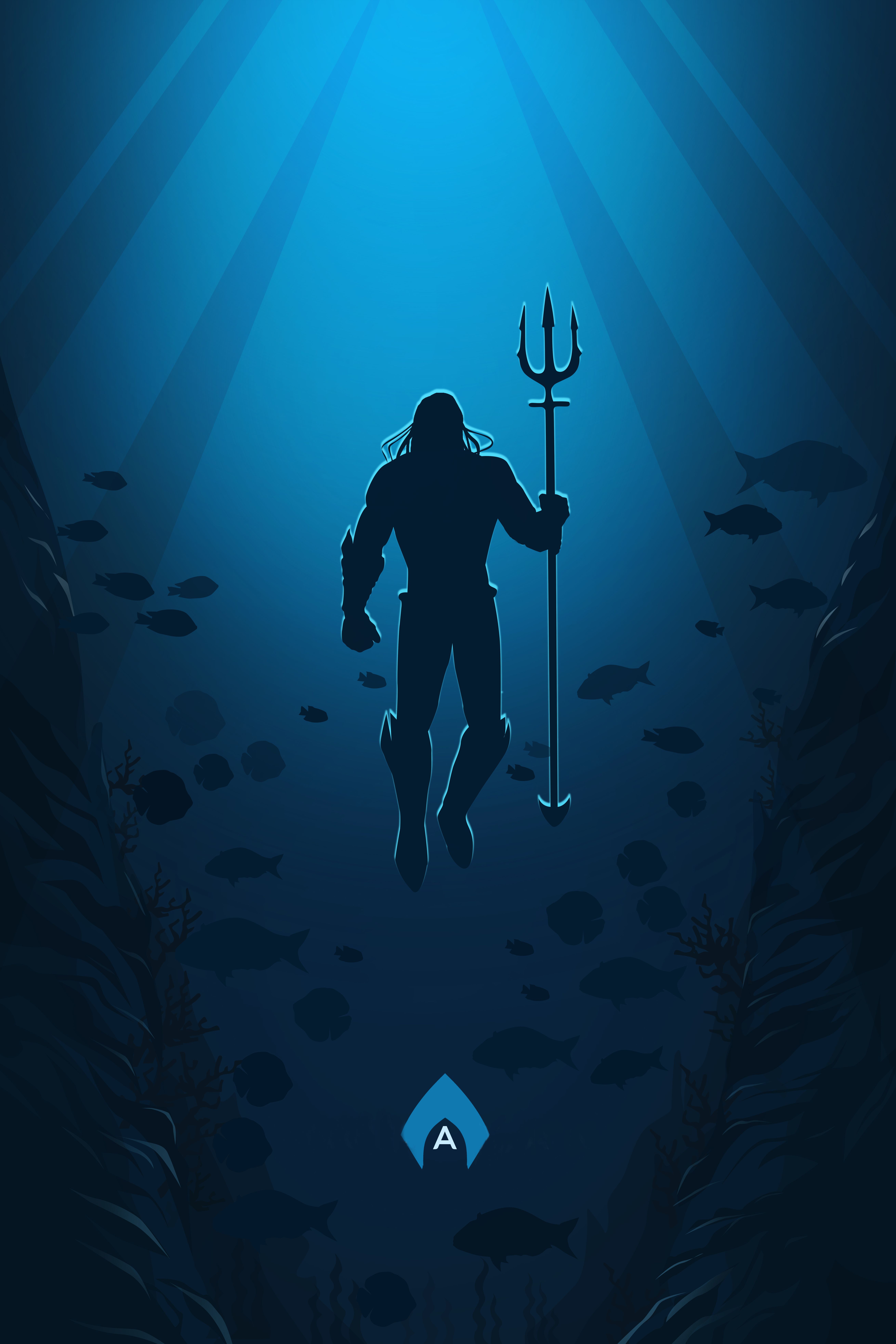 Aquaman, Unterwasser, Fischschwarm, Silhouette, Blau, QHD+, Sperrbildschirm fürs iPhone
