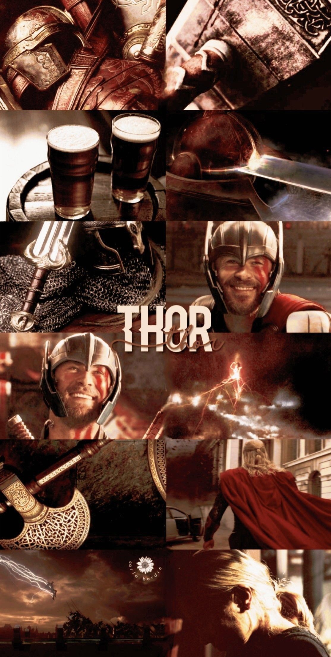 Thor, Chris Hemsworth, Collage, Schriftzug, Rotbraun, Hintergrundbild für iPhone und Android