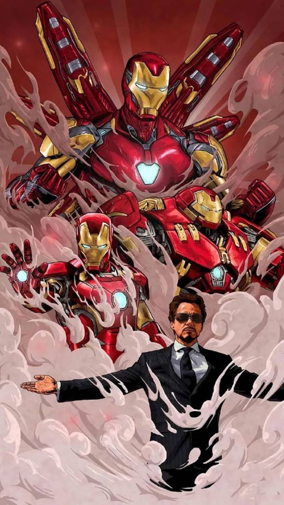 Iron Man, Tony Stark, Rüstungen, Illustration, Comic-Stil, Full HD, Handy-Hintergrund