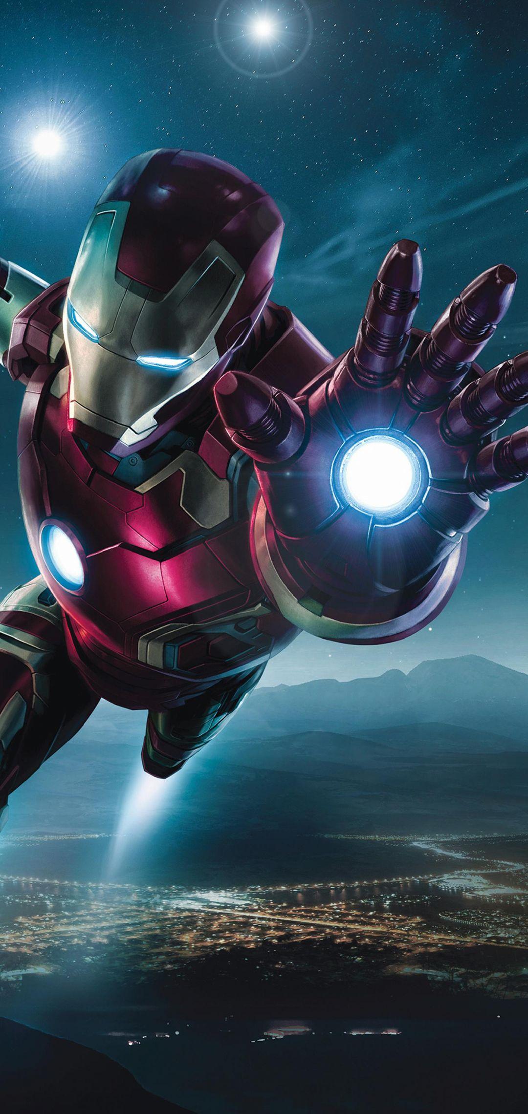 Iron Man, Flug, Repulsor, Weltraum, Erde, Hochformat, Hintergrundbild fürs Smartphone
