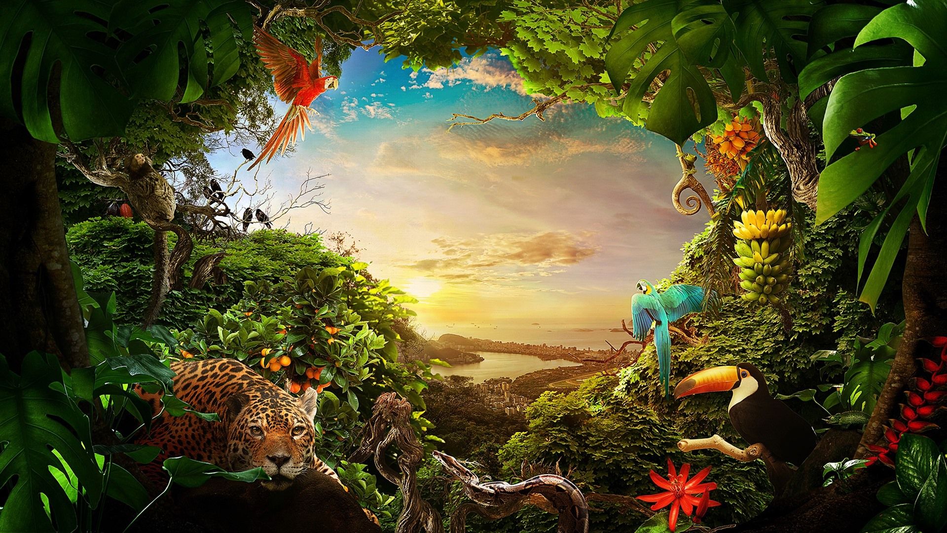 Leopard, Tukan, Papageien, Sonnenuntergang, Tropische Illustration, Blumen, Full HD, Breitbild-Hintergrundbild