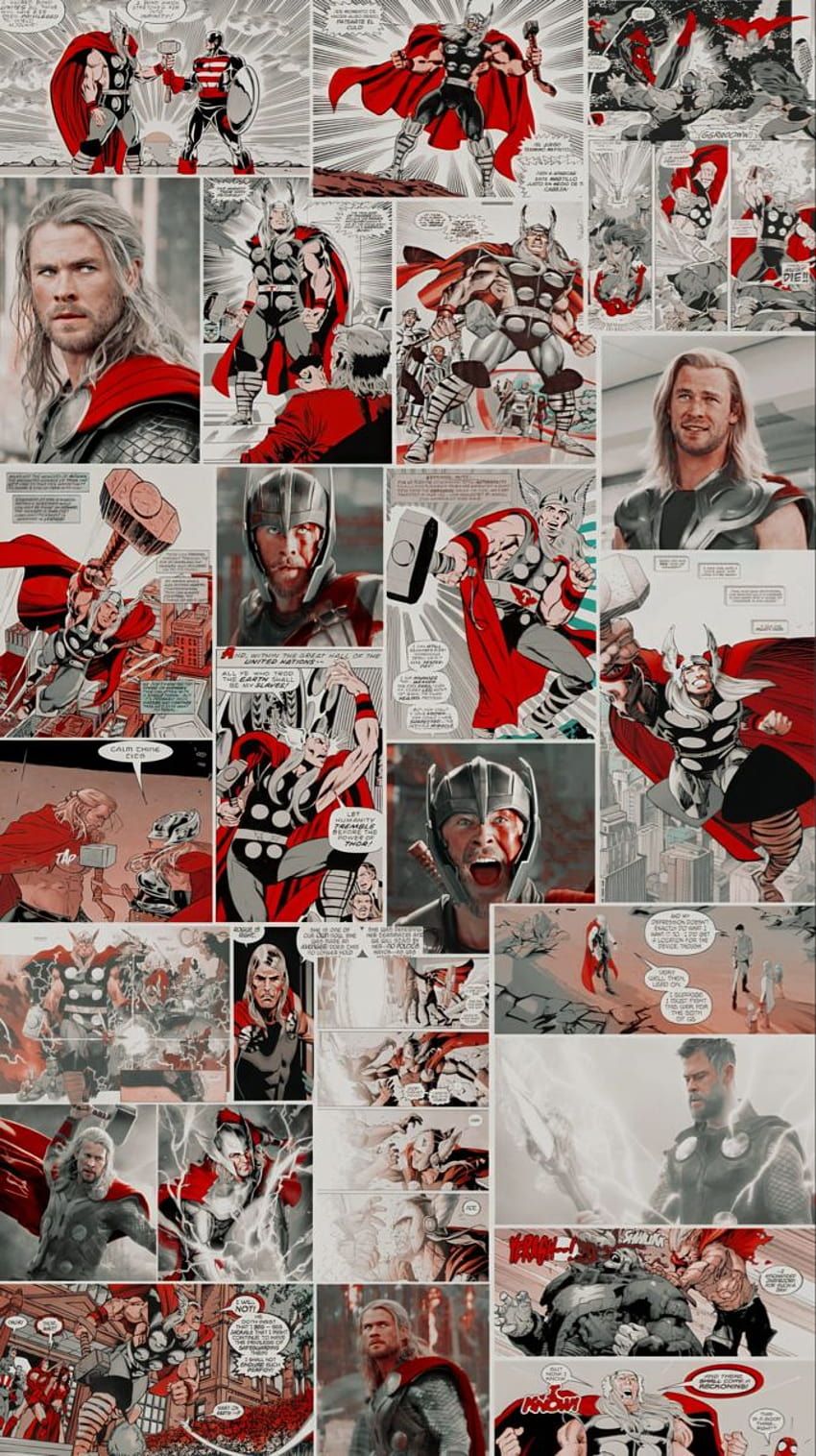 Thor, Chris Hemsworth, Collage, Rot-Weiß, Marvel, HD, Handy-Hintergrund im Hochformat