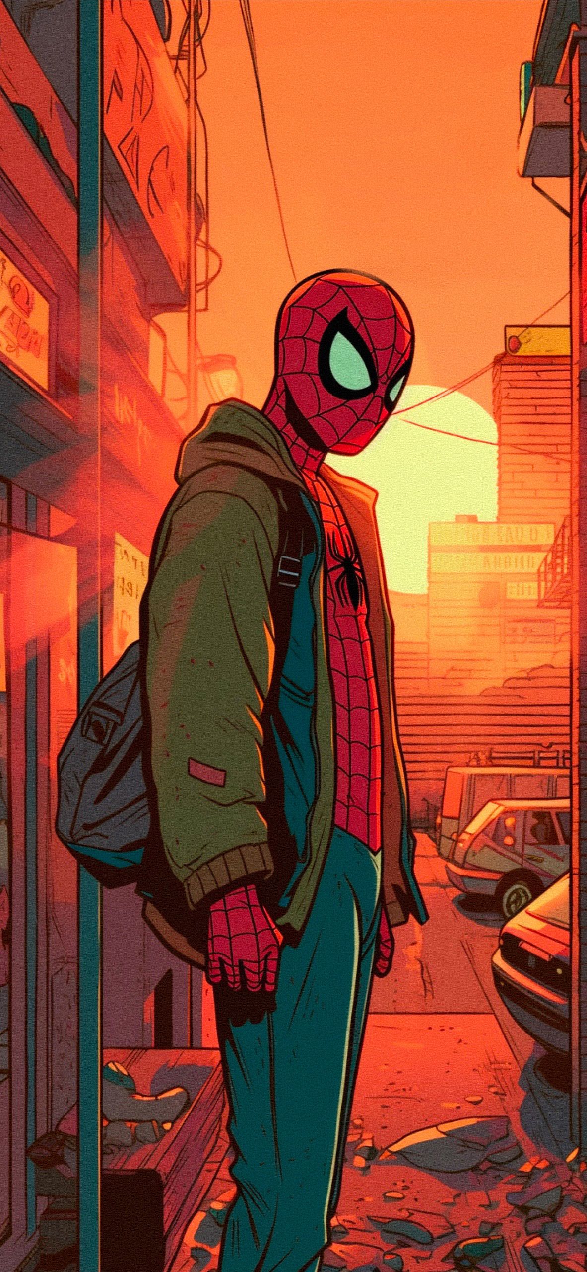 Miles Morales, Spider-Man, Hoodie, Rucksack, Sonnenuntergang, Hintergrundbild fürs Handy
