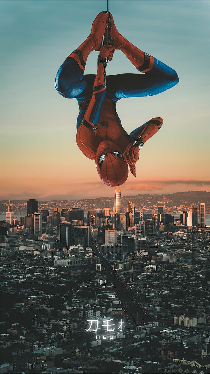 Spider-Man, Kopfüber, Stadt, Sonnenuntergang, Skyline, HD, Sperrbildschirm fürs iPhone