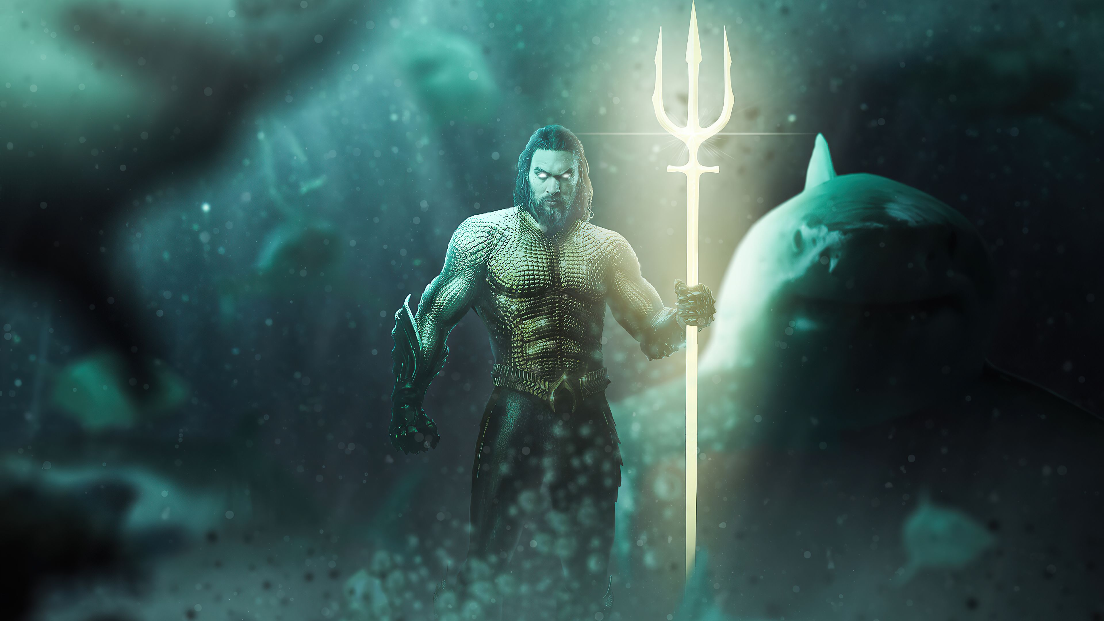 Aquaman, Jason Momoa, Dreizack, Hai, Unterwasser, 4K, Hintergrund für den Desktop