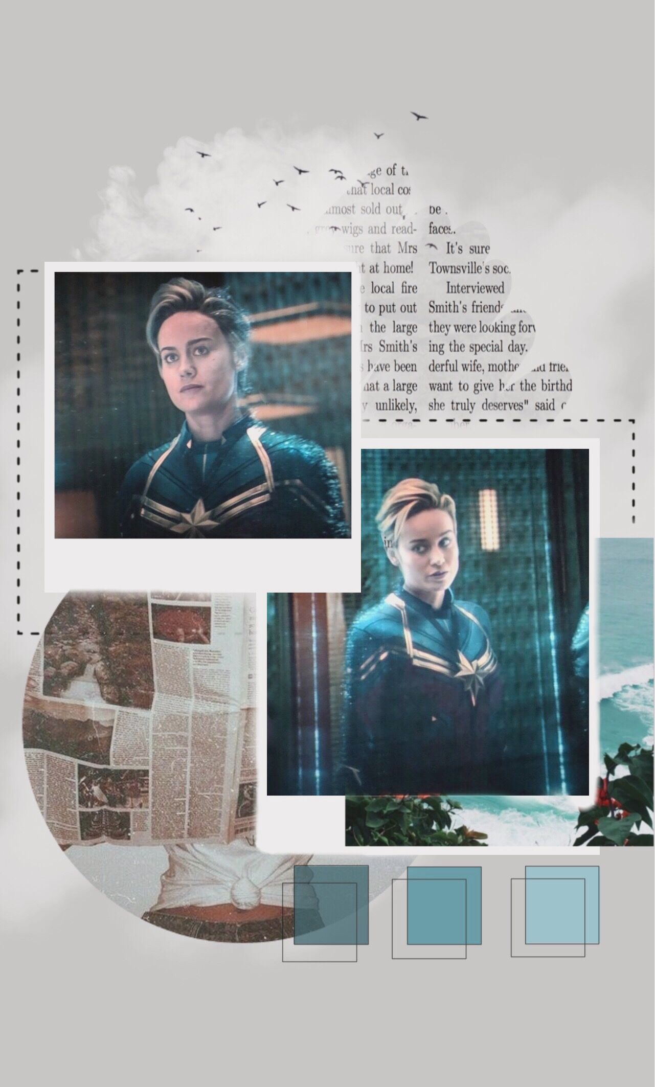 Carol Danvers, Brie Larson, Collage, Ästhetik, Grau-Blau, Full HD, iPhone-Hintergrundbild