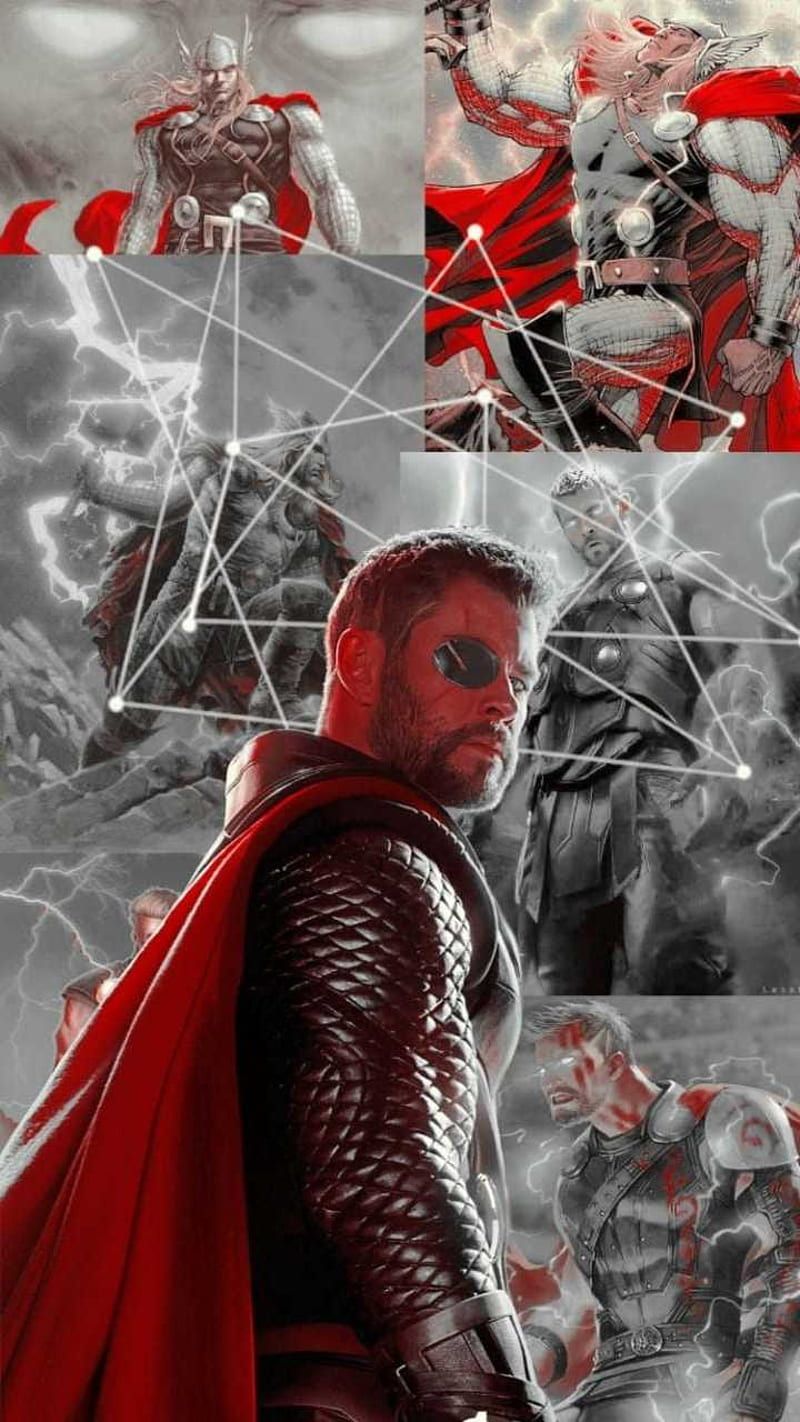 Thor, Collage, Roter Umhang, Schwarz-Weiß, Marvel, Hochformat, Hintergrundbild fürs Smartphone