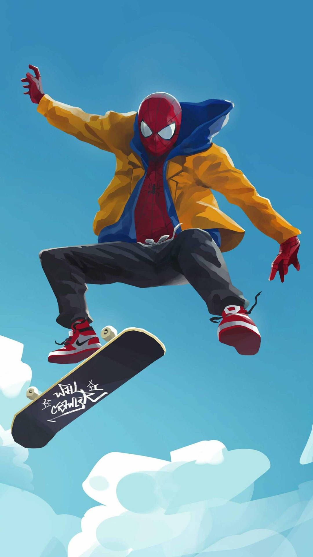 Spider-Man, Skateboard, Gelbe Jacke, Sprung, Himmel, Full HD, Hintergrundbild fürs Handy